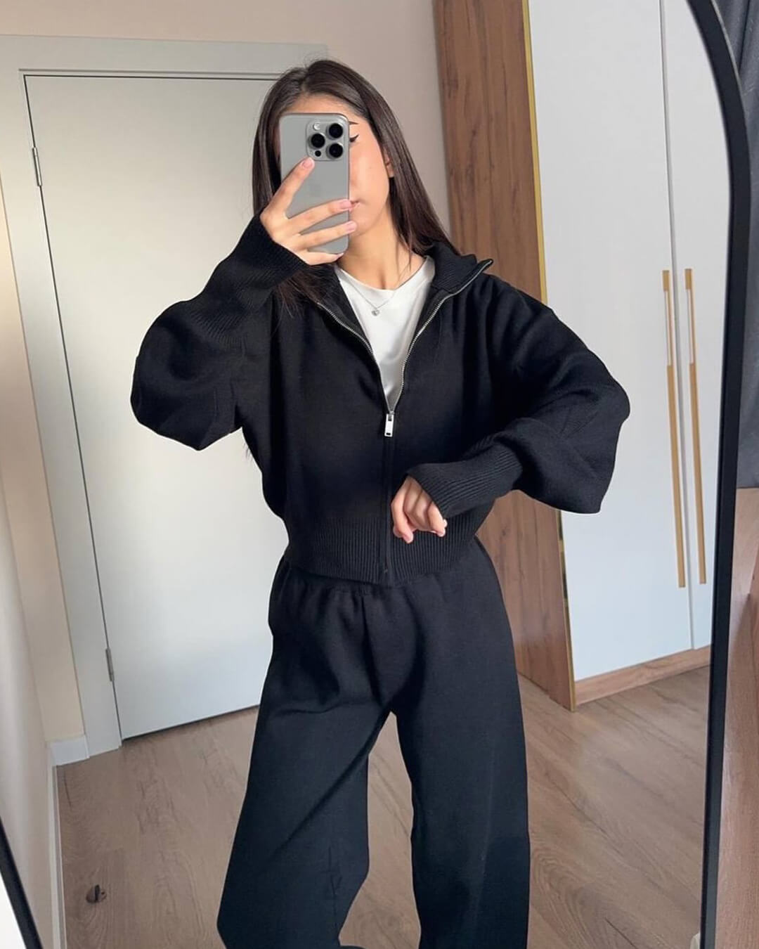 Wide Leg Knit Zip Up Jacket and Trousers Two-Piece Lounge Set