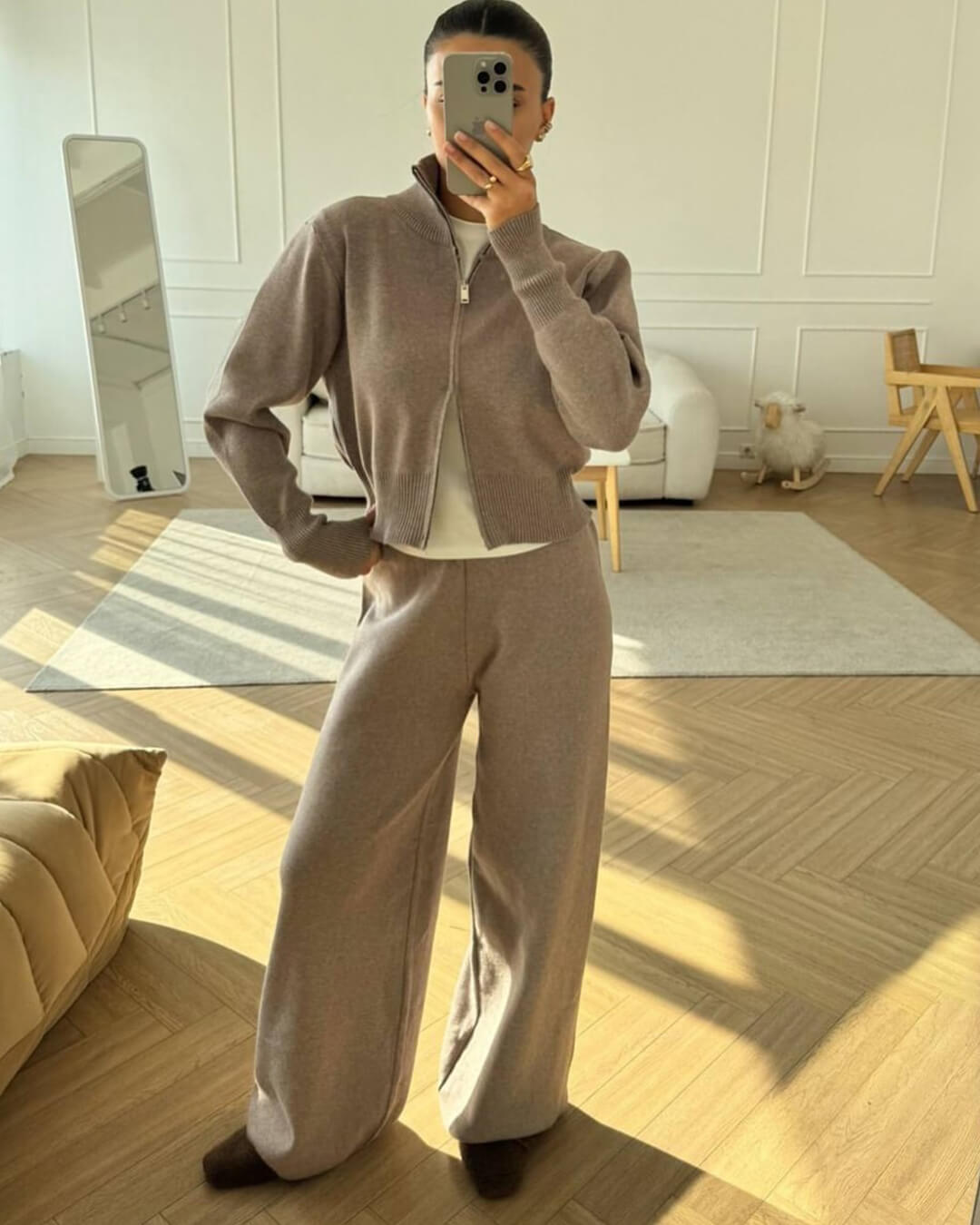 Wide Leg Knit Zip Up Jacket and Trousers Two-Piece Lounge Set