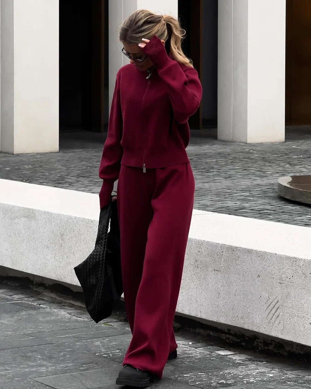 Wide Leg Knit Zip Up Jacket and Trousers Two-Piece Lounge Set