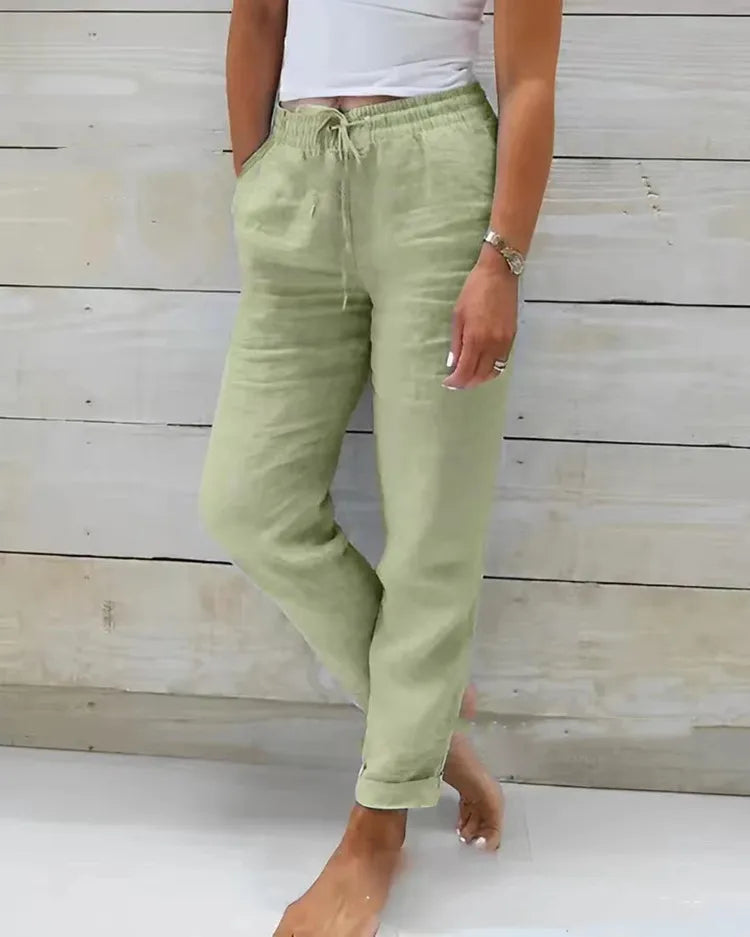 Wide Leg Trousers – Comfortable High Waist Linen Pants for Effortless Summer Style — back view