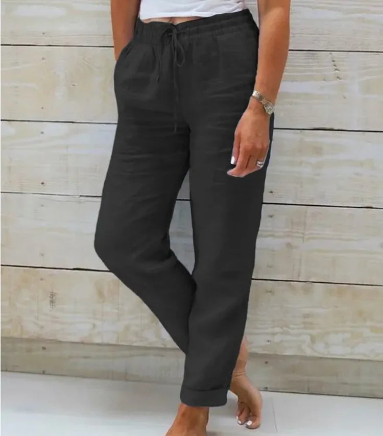 Wide Leg Trousers – Comfortable High Waist Linen Pants for Effortless Summer Style — detail view