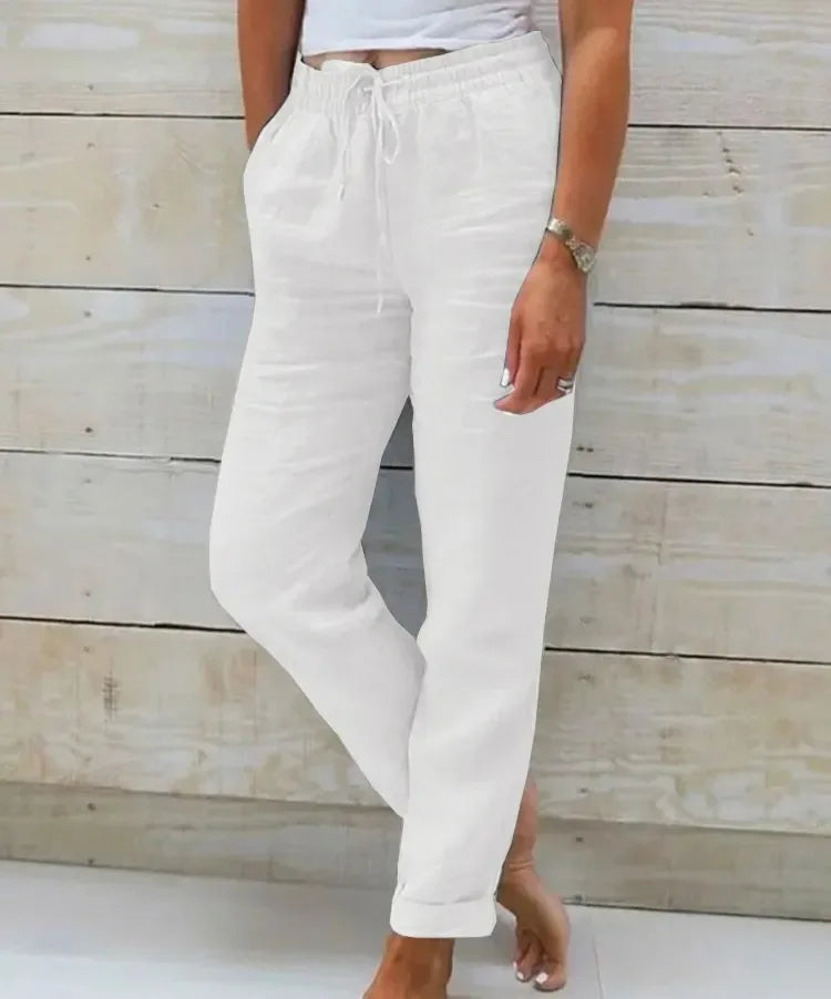 Wide Leg Trousers – Comfortable High Waist Linen Pants for Effortless Summer Style — model wearing