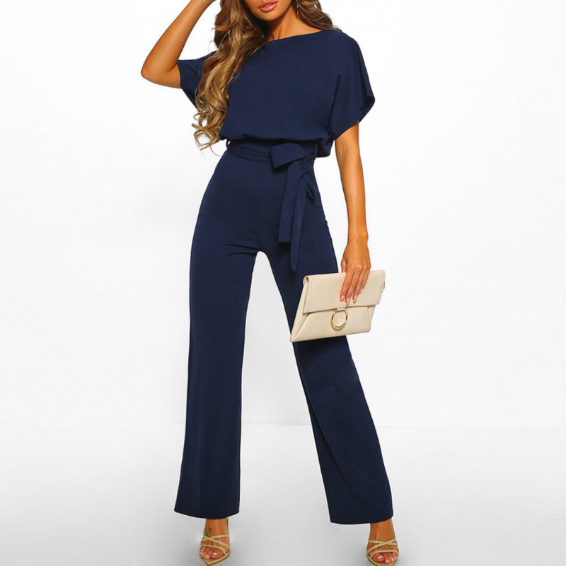 Women's Belted Batwing Sleeve Wide Leg Elegant Jumpsuit — back view
