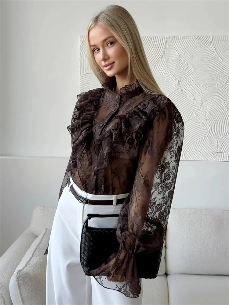 Women's Blouse – Elegant Sheer Lace Design for Versatile Styling — alternative angle