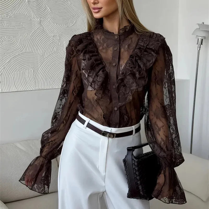 Women's Blouse – Elegant Sheer Lace Design for Versatile Styling — fabric detail