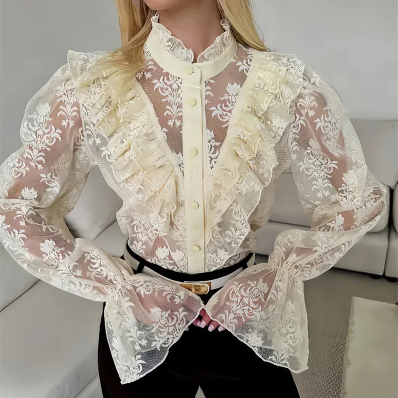 Women's Blouse – Elegant Sheer Lace Design for Versatile Styling — model wearing
