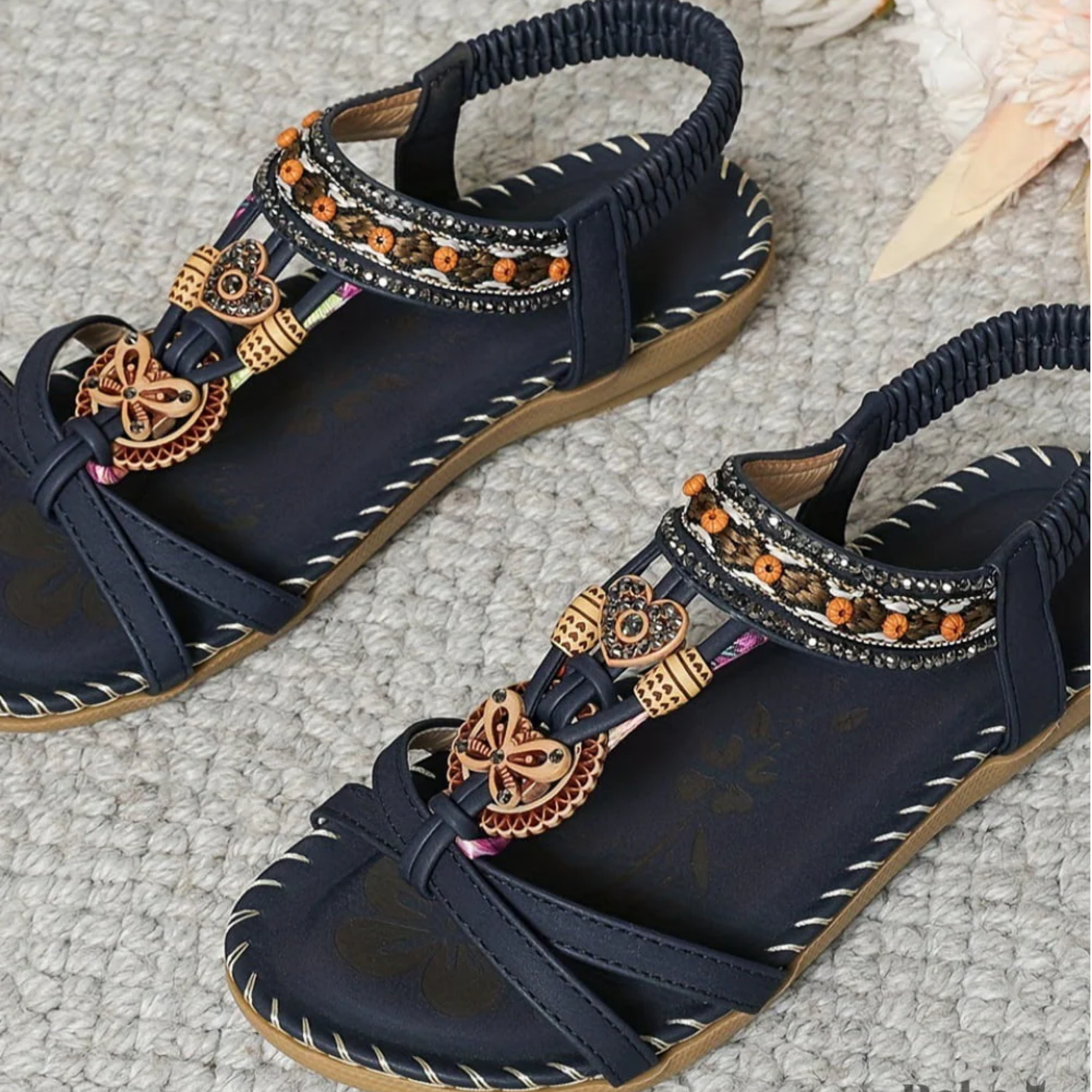 Women's Bohemian Beaded Strap Open Toe Flat Sandals