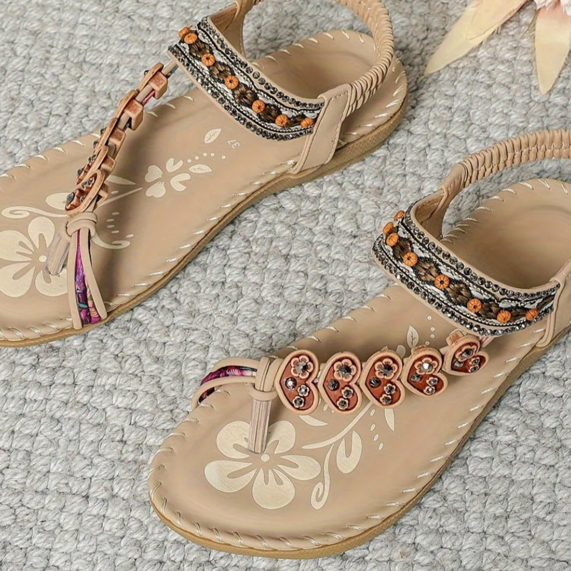 Women's Bohemian Beaded Strap Open Toe Flat Sandals