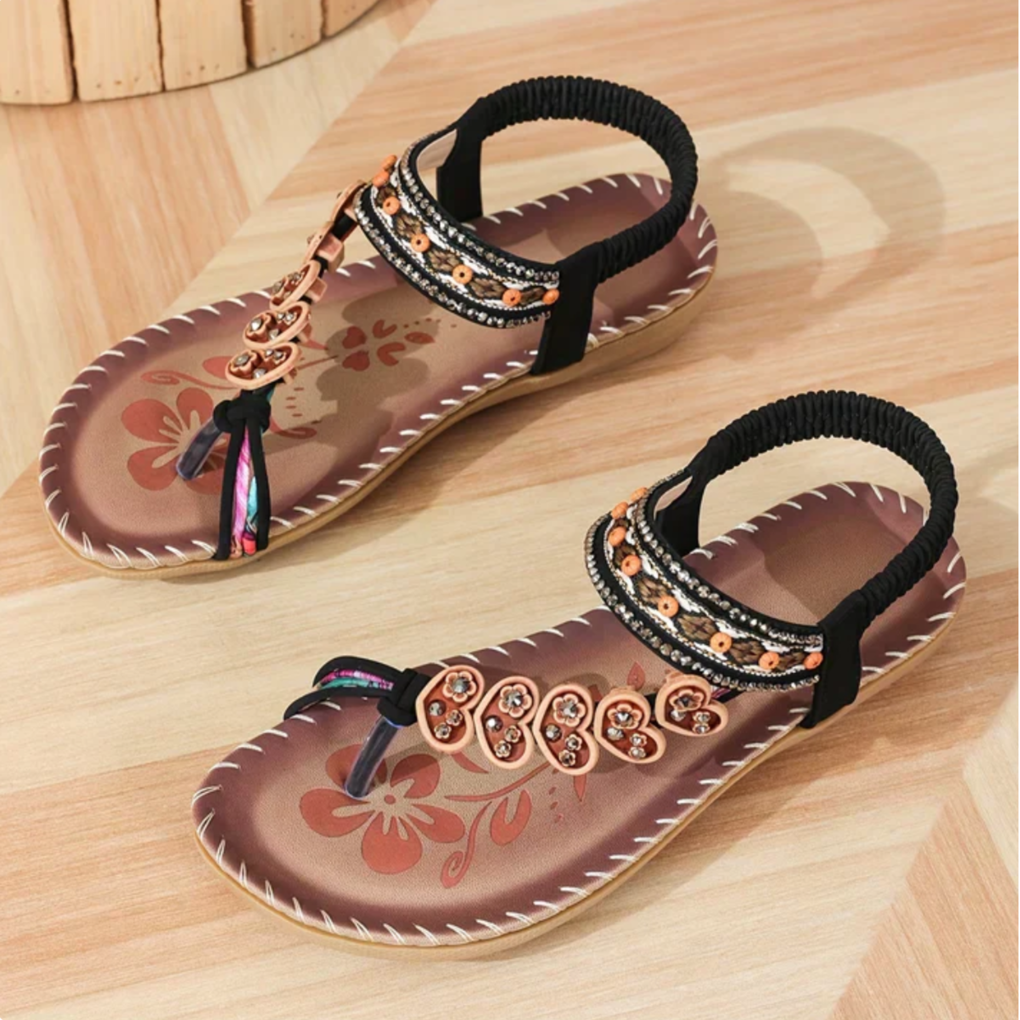 Women's Bohemian Beaded Strap Open Toe Flat Sandals