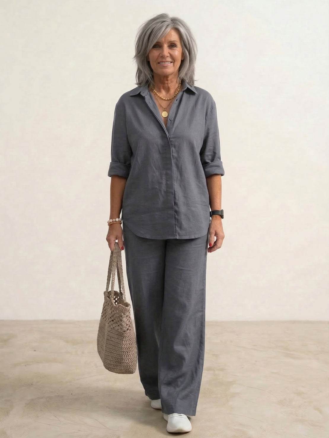 Women's Casual Button-Down Shirt and Wide-Leg Pants Two-Piece Set — alternative angle