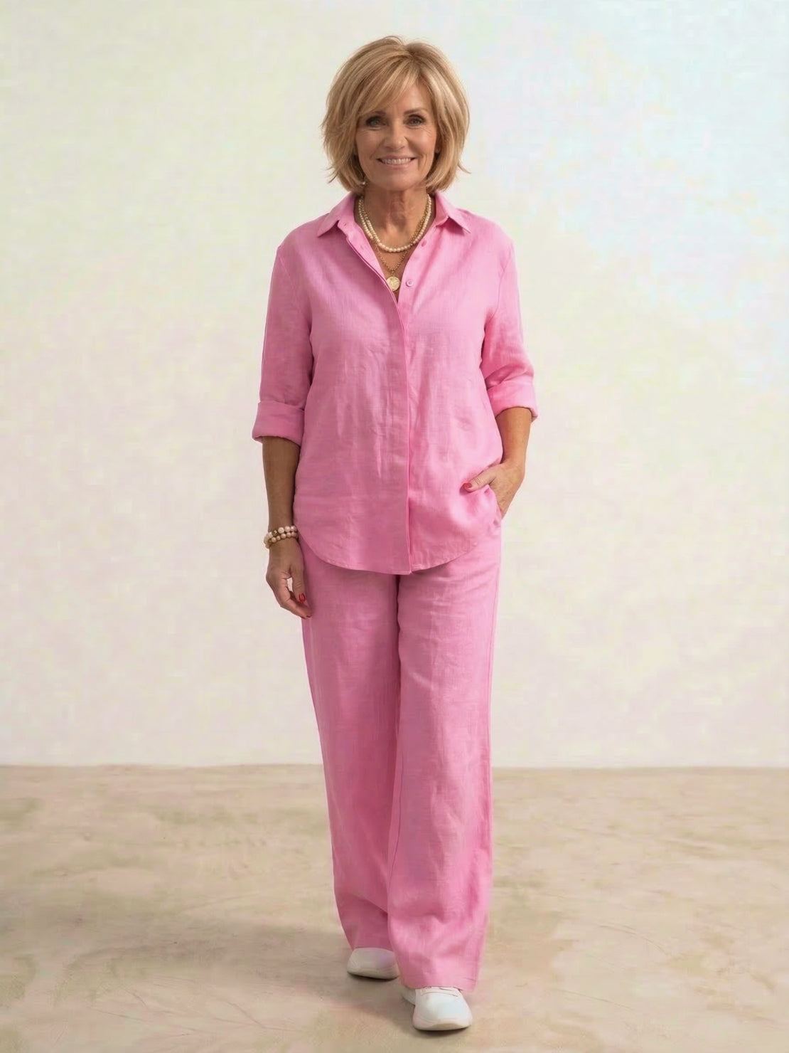 Women's Casual Button-Down Shirt and Wide-Leg Pants Two-Piece Set — close-up