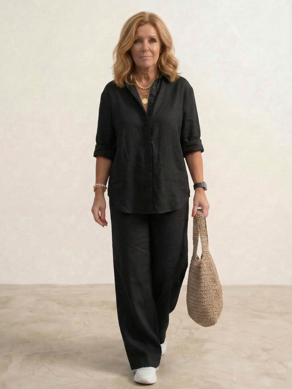 Women's Casual Button-Down Shirt and Wide-Leg Pants Two-Piece Set — detail view