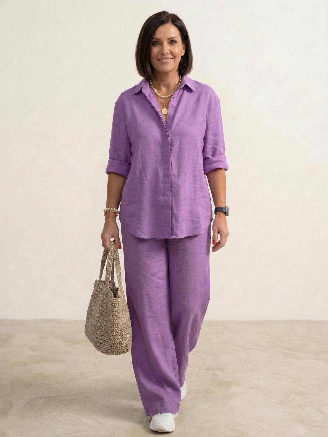 Women's Casual Button-Down Shirt and Wide-Leg Pants Two-Piece Set — fabric detail