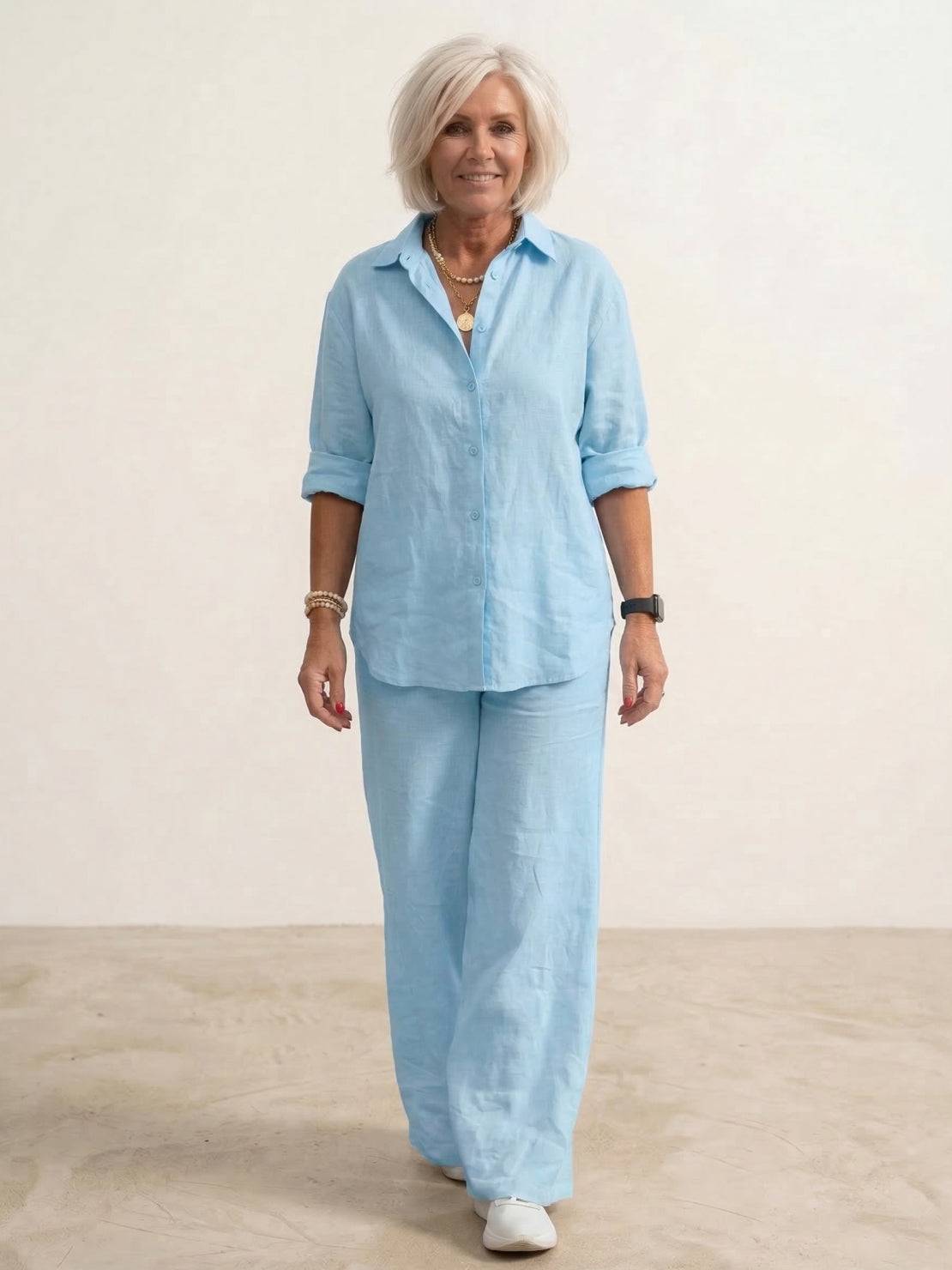 Women's Casual Button-Down Shirt and Wide-Leg Pants Two-Piece Set — model wearing