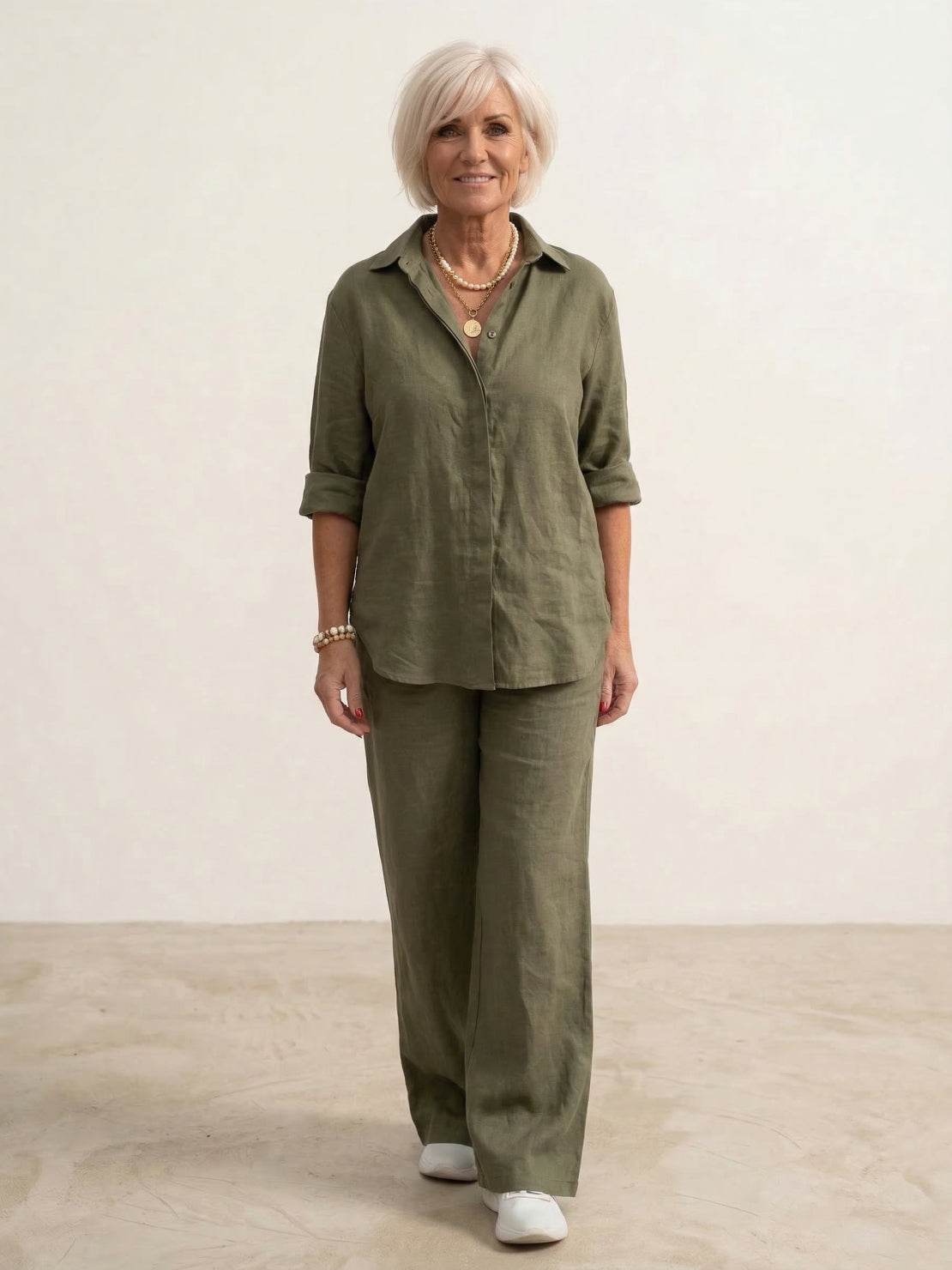 Women's Casual Button-Down Shirt and Wide-Leg Pants Two-Piece Set — side view