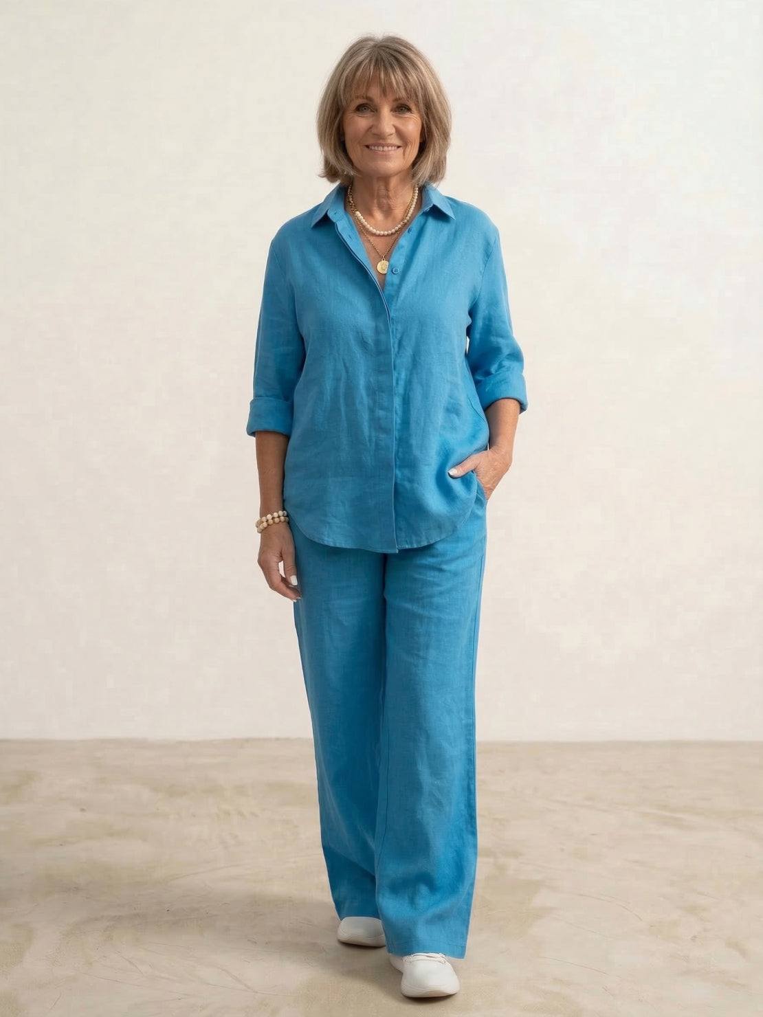 Women's Casual Button-Down Shirt and Wide-Leg Pants Two-Piece Set — styling detail