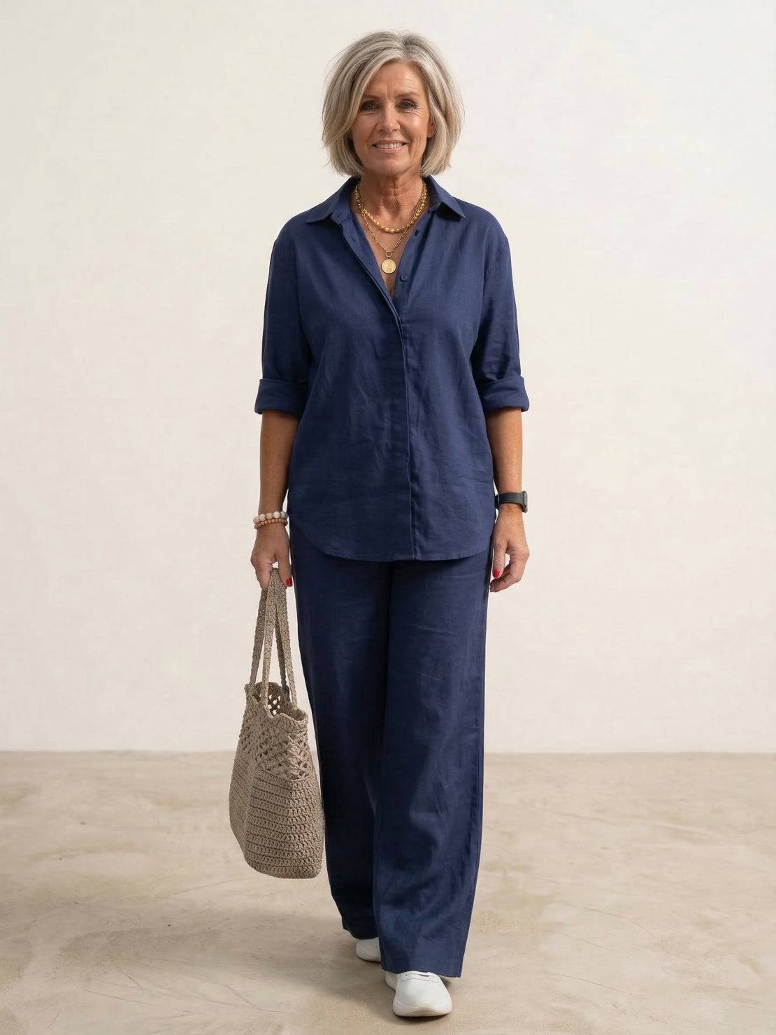 Women's Casual Button-Down Shirt and Wide-Leg Pants Two-Piece Set