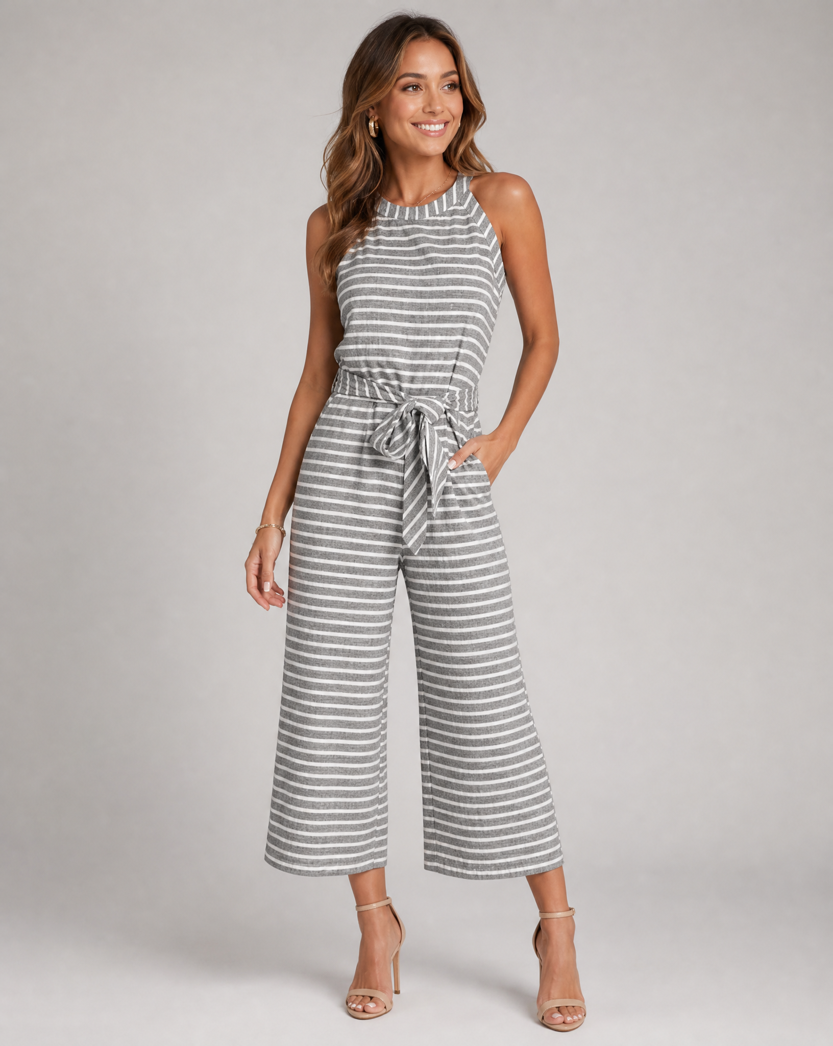 Women's Casual Sleeveless Wide Leg Jumpsuit with Tie Waist — back view