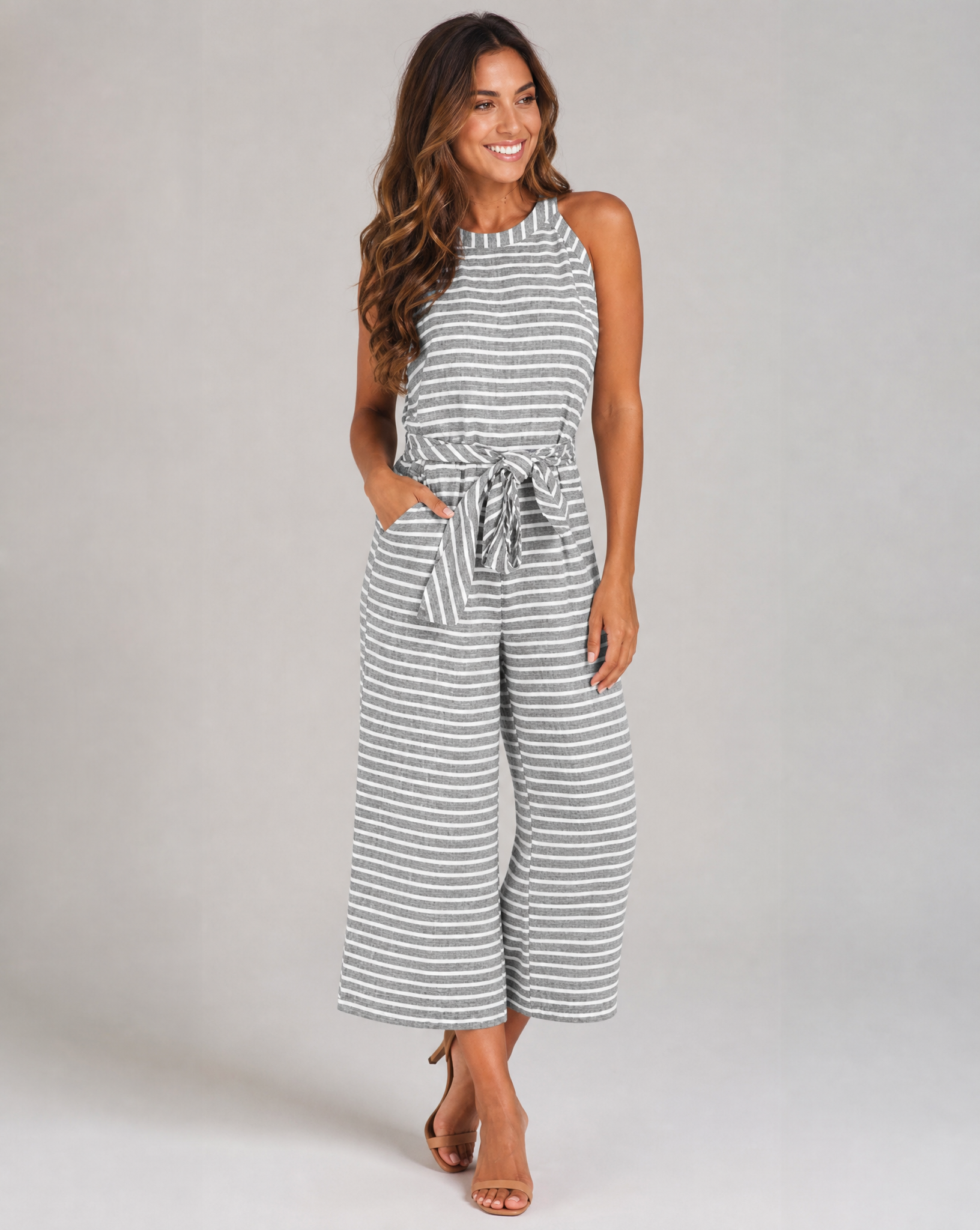Women's Casual Sleeveless Wide Leg Jumpsuit with Tie Waist — detail view
