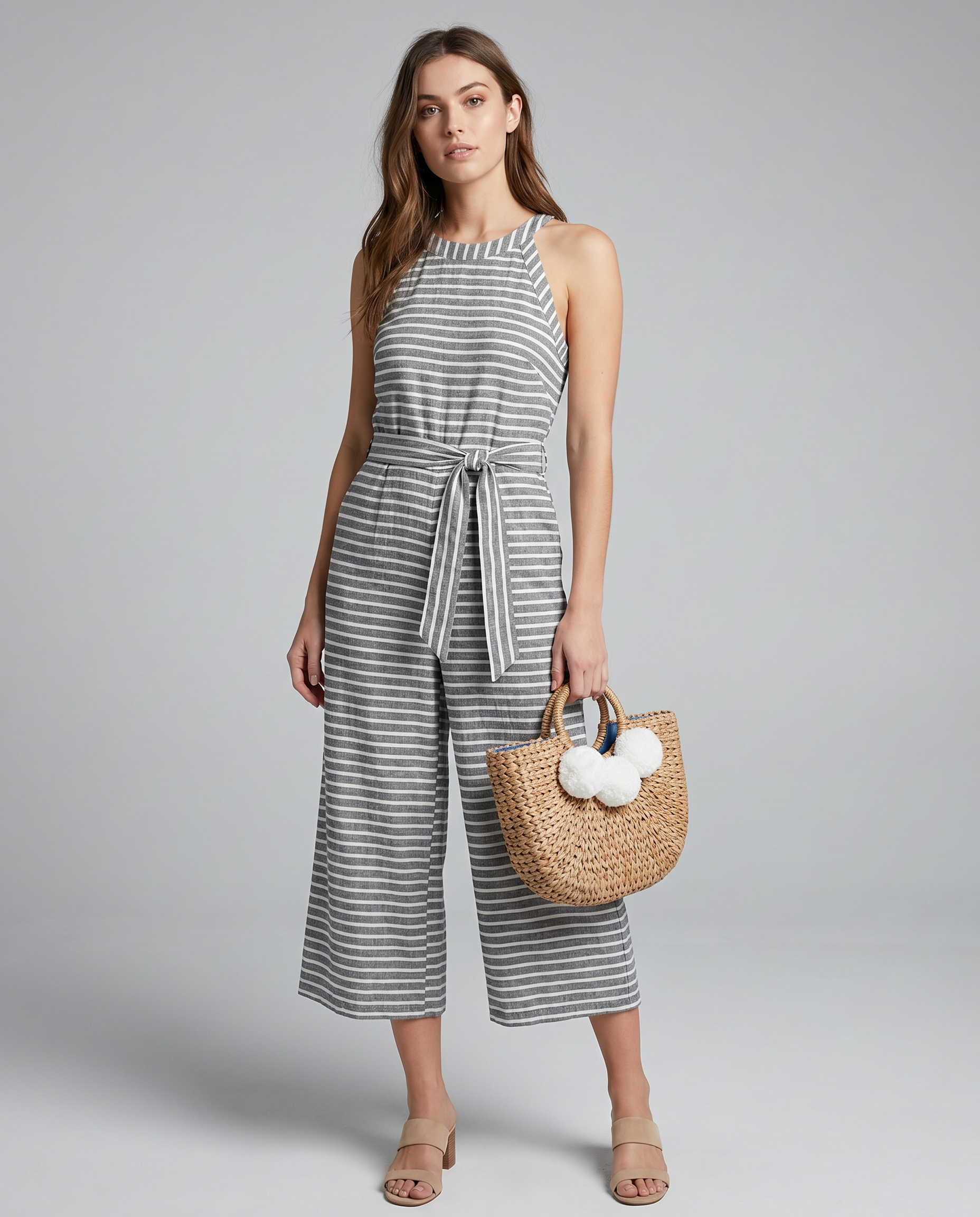 Women's Casual Sleeveless Wide Leg Jumpsuit with Tie Waist — side view