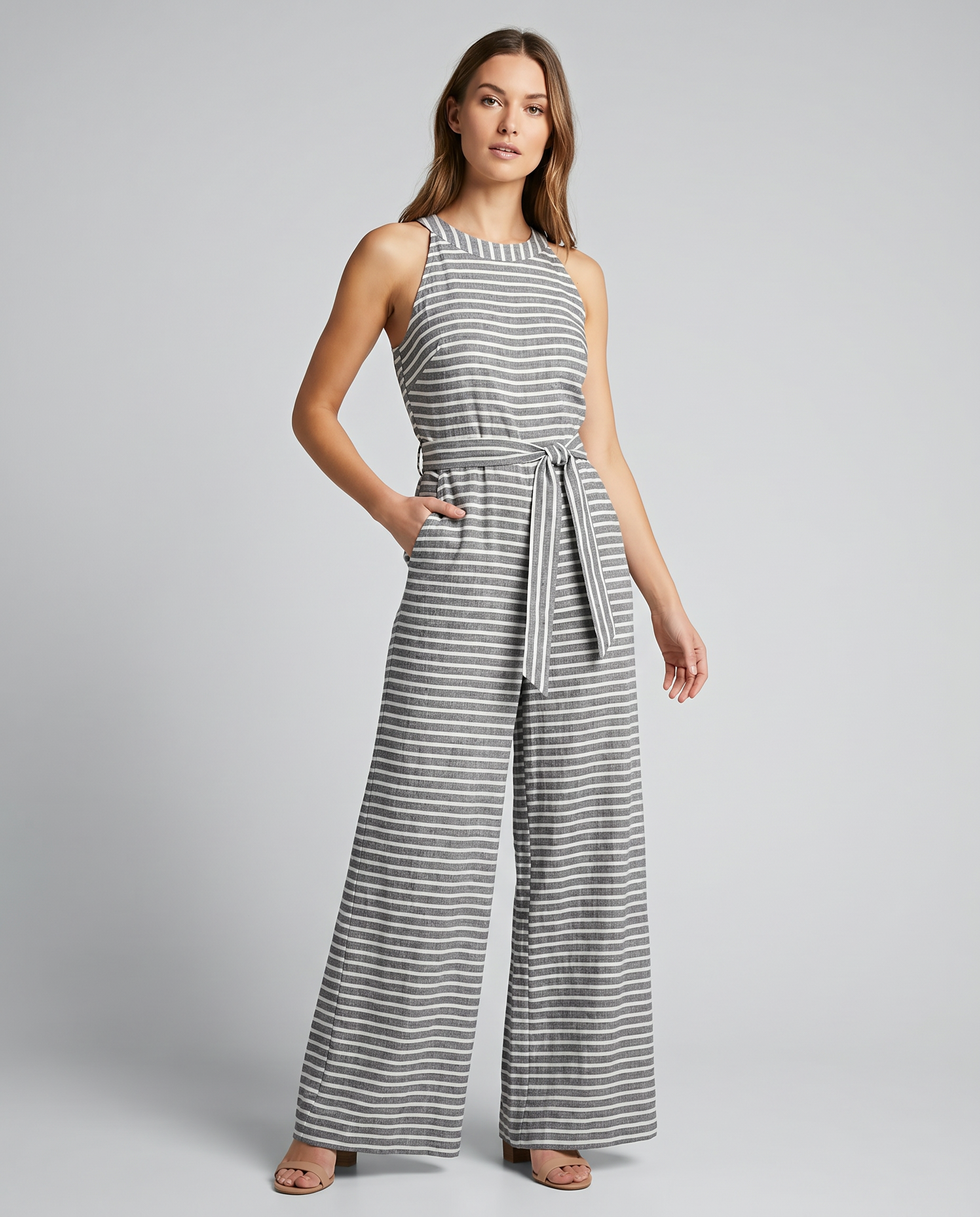 Women's Casual Sleeveless Wide Leg Jumpsuit with Tie Waist