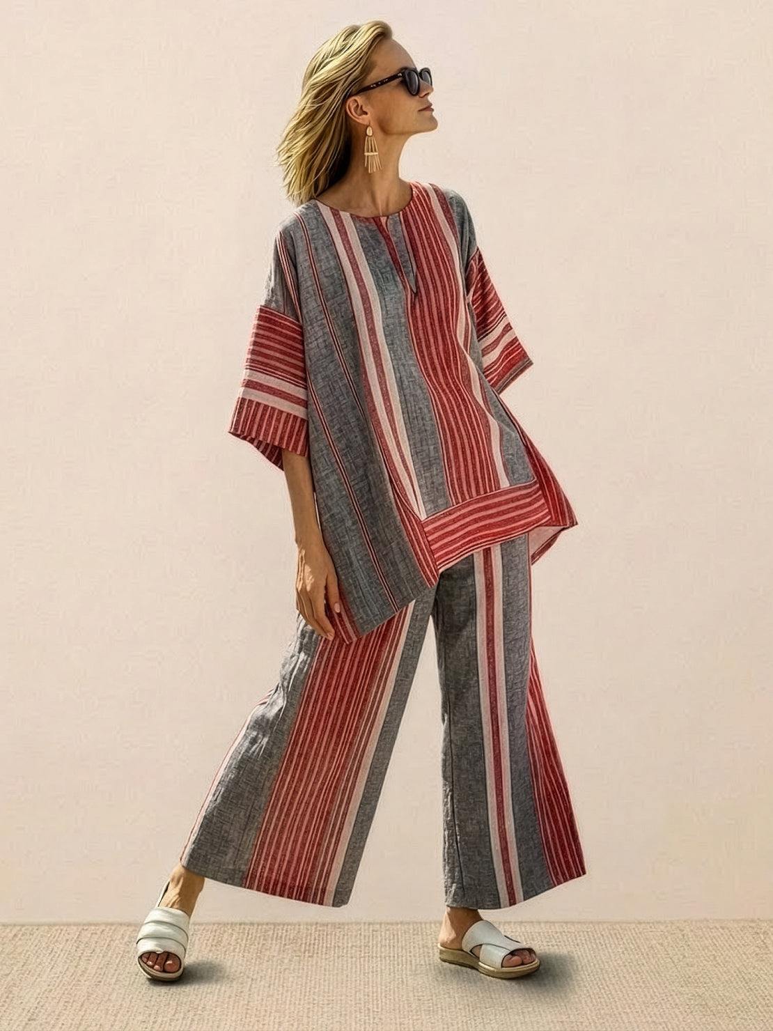 Women's Casual Striped Wide-Leg Pants and Oversized Tee Two-Piece Set — alternative angle