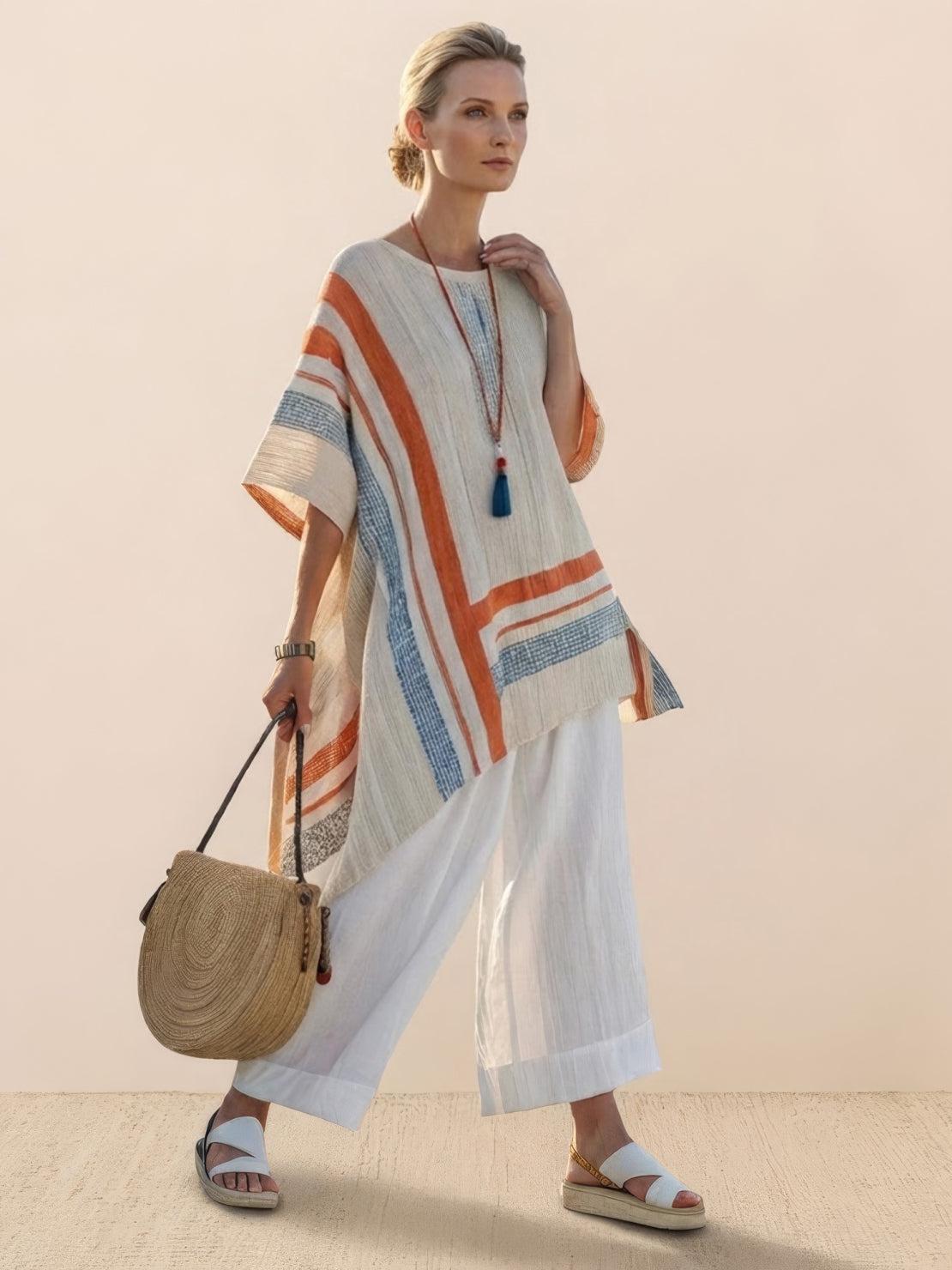 Women's Casual Striped Wide-Leg Pants and Oversized Tee Two-Piece Set — back close-up