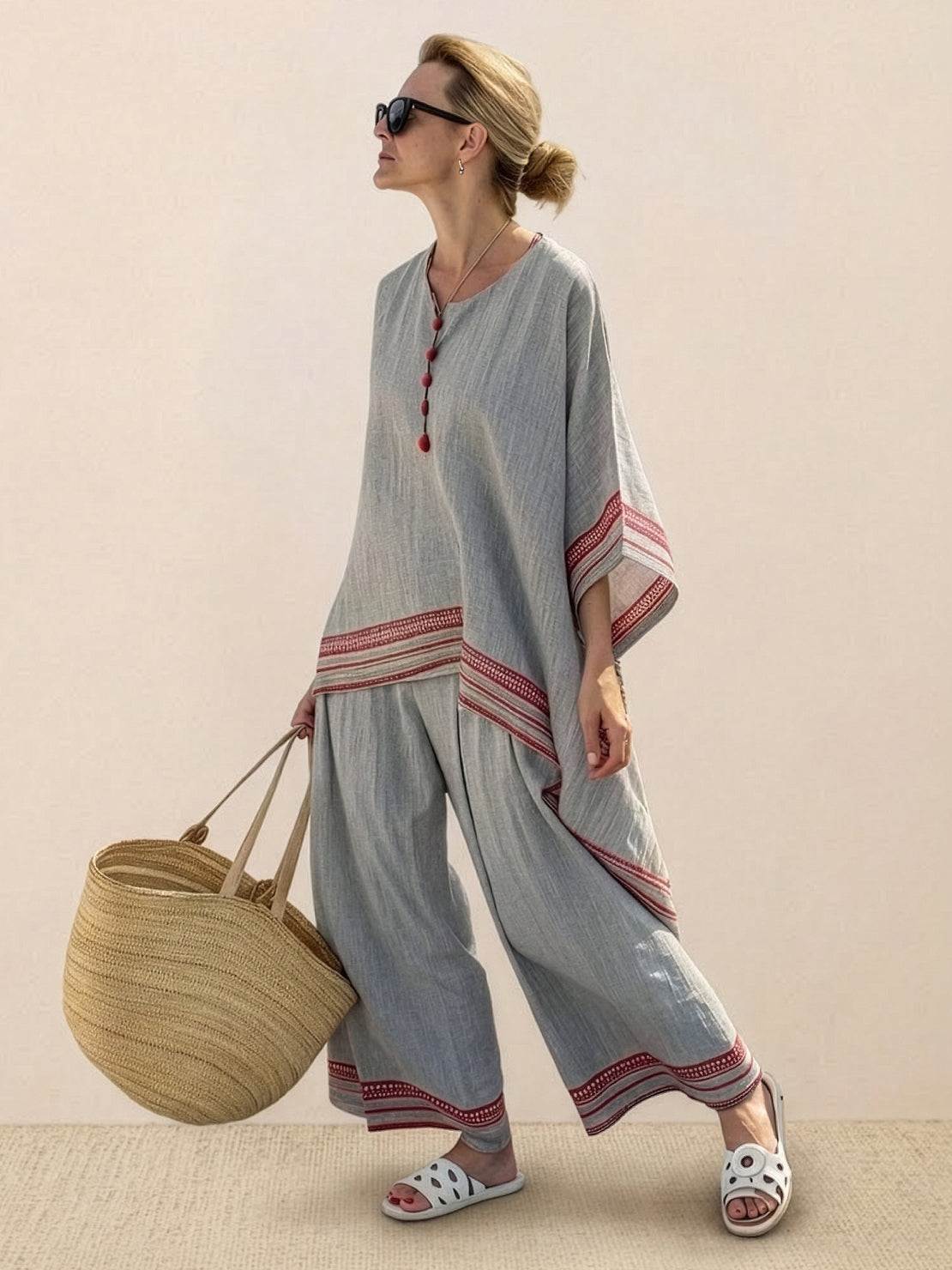 Women's Casual Striped Wide-Leg Pants and Oversized Tee Two-Piece Set — close-up