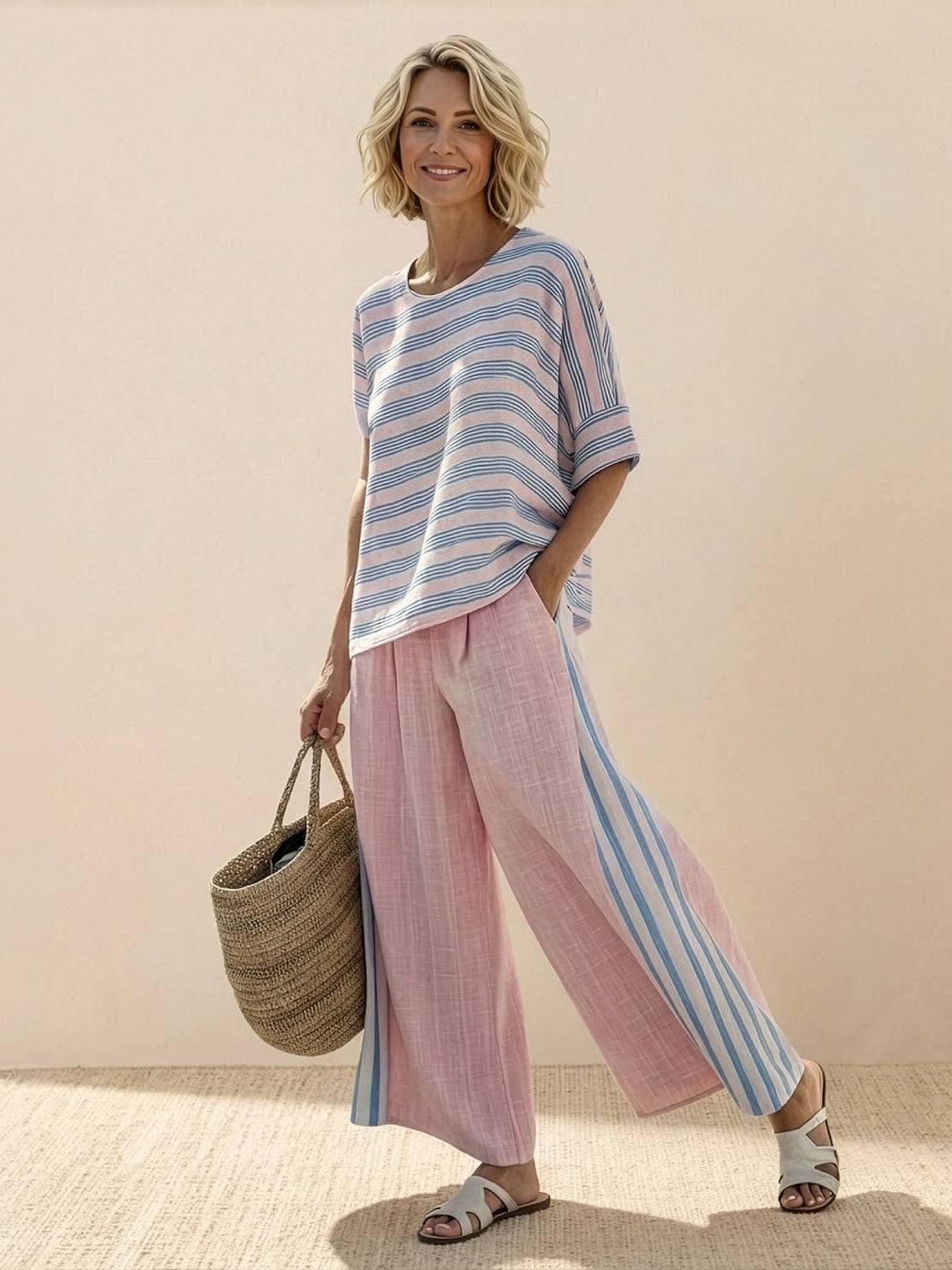 Women's Casual Striped Wide-Leg Pants and Oversized Tee Two-Piece Set — fabric detail