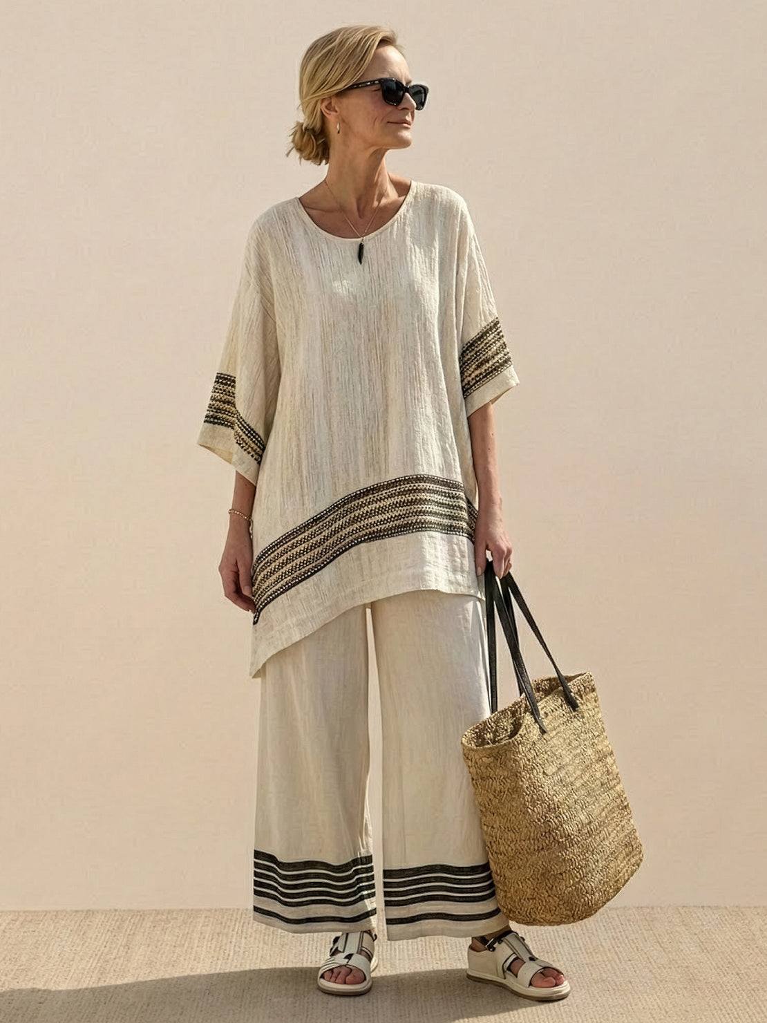 Women's Casual Striped Wide-Leg Pants and Oversized Tee Two-Piece Set — fit overview