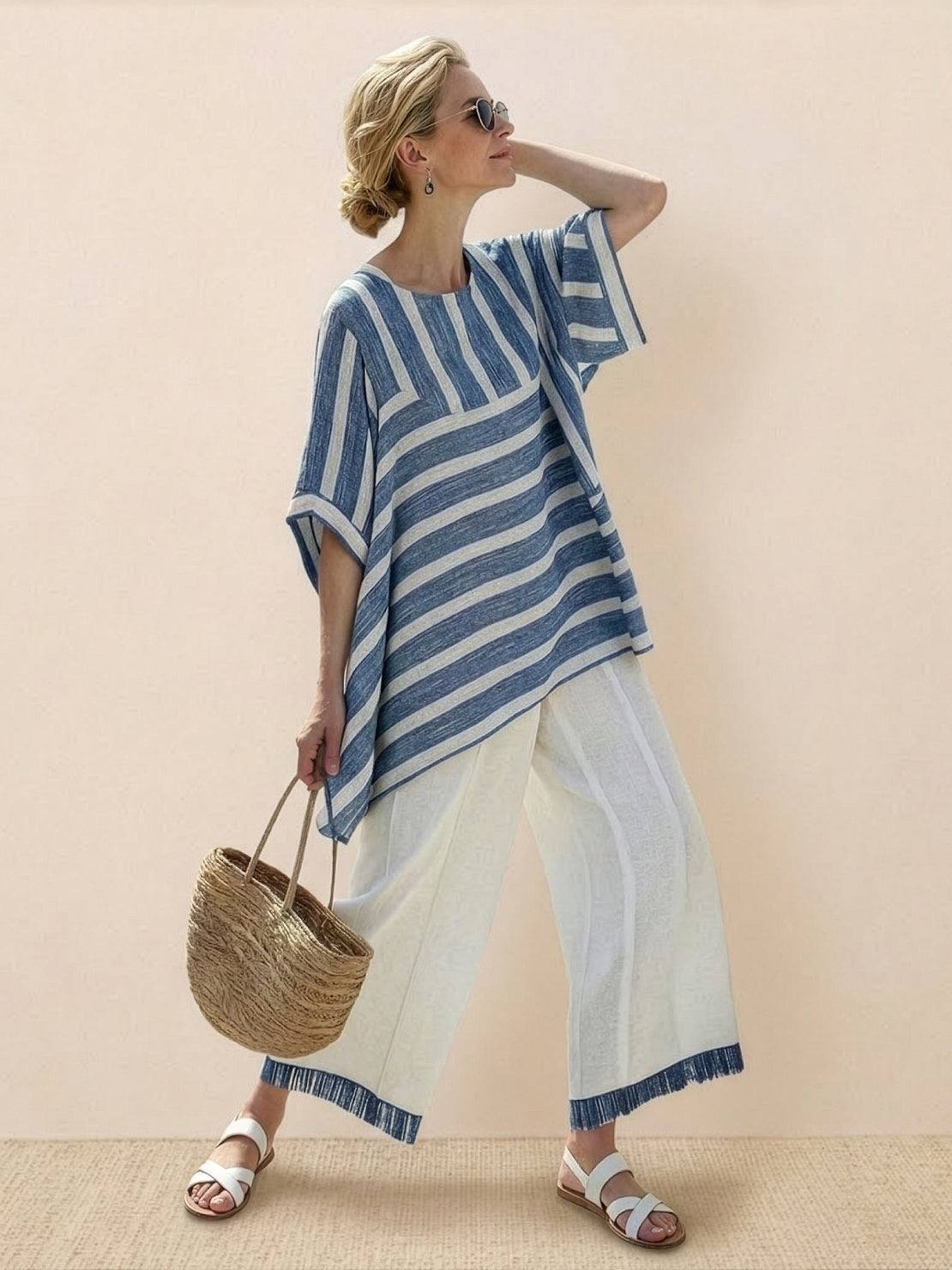 Women's Casual Striped Wide-Leg Pants and Oversized Tee Two-Piece Set — front close-up