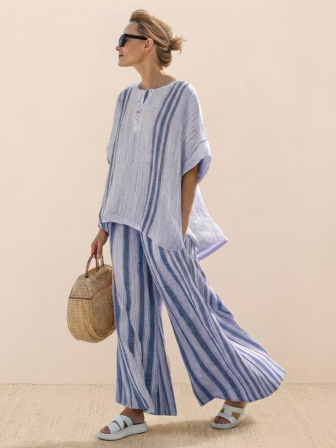 Women's Casual Striped Wide-Leg Pants and Oversized Tee Two-Piece Set — model wearing