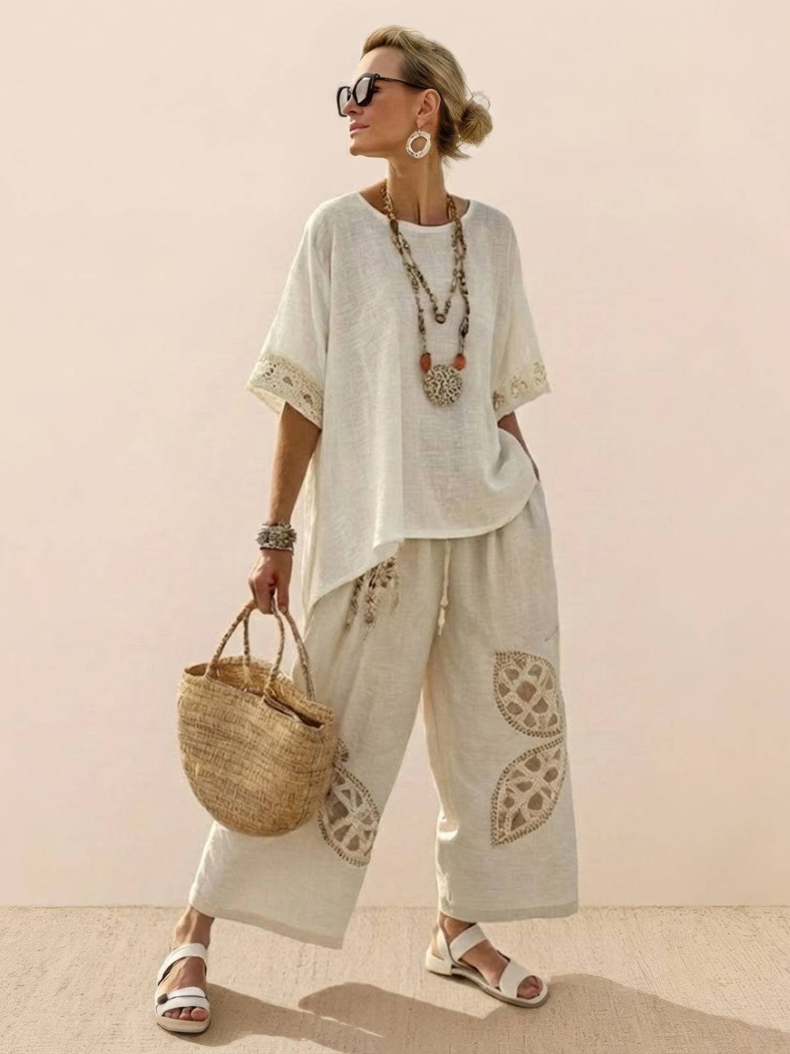 Women's Casual Striped Wide-Leg Pants and Oversized Tee Two-Piece Set — side detail