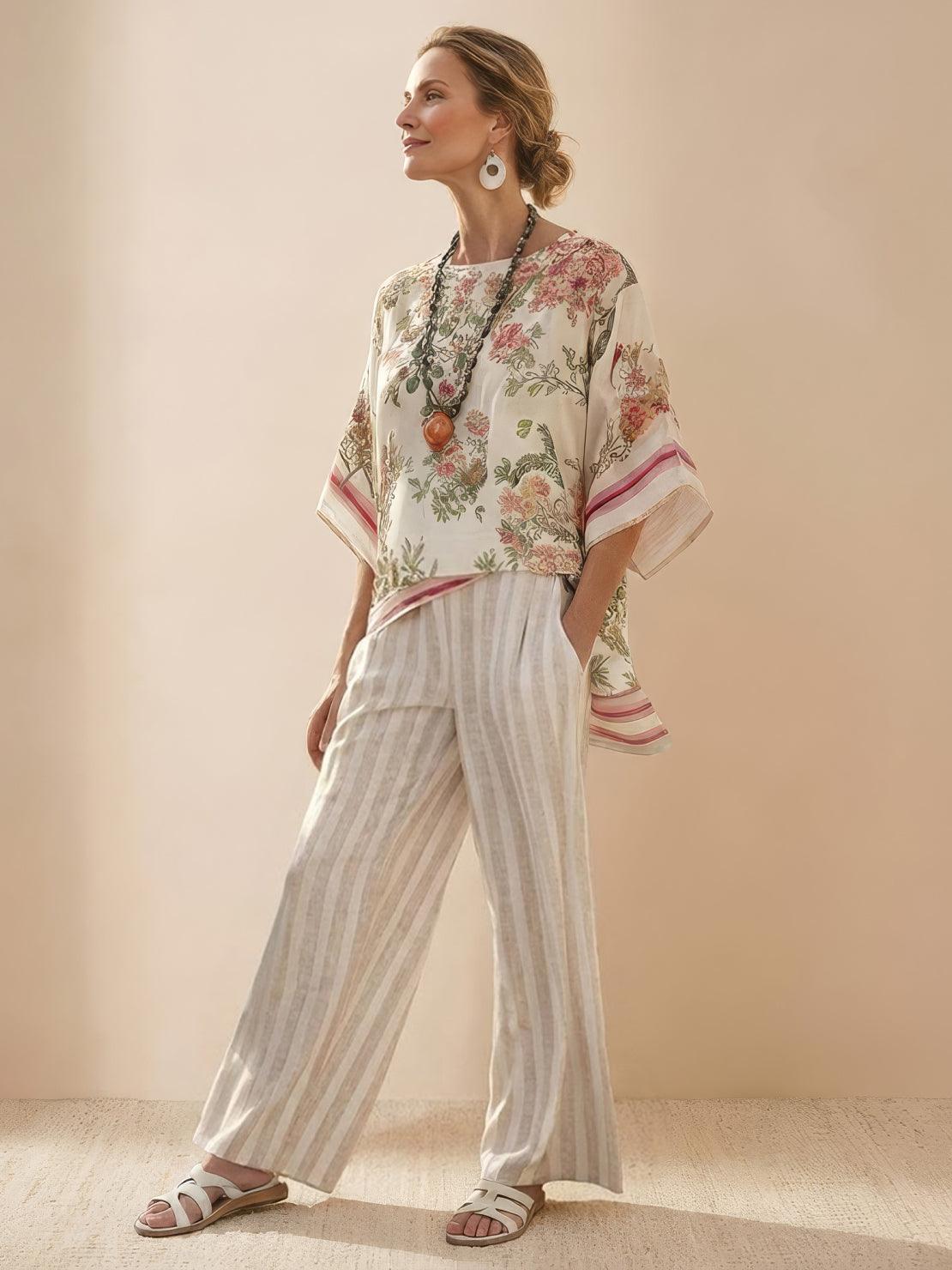 Women's Casual Striped Wide-Leg Pants and Oversized Tee Two-Piece Set — side view