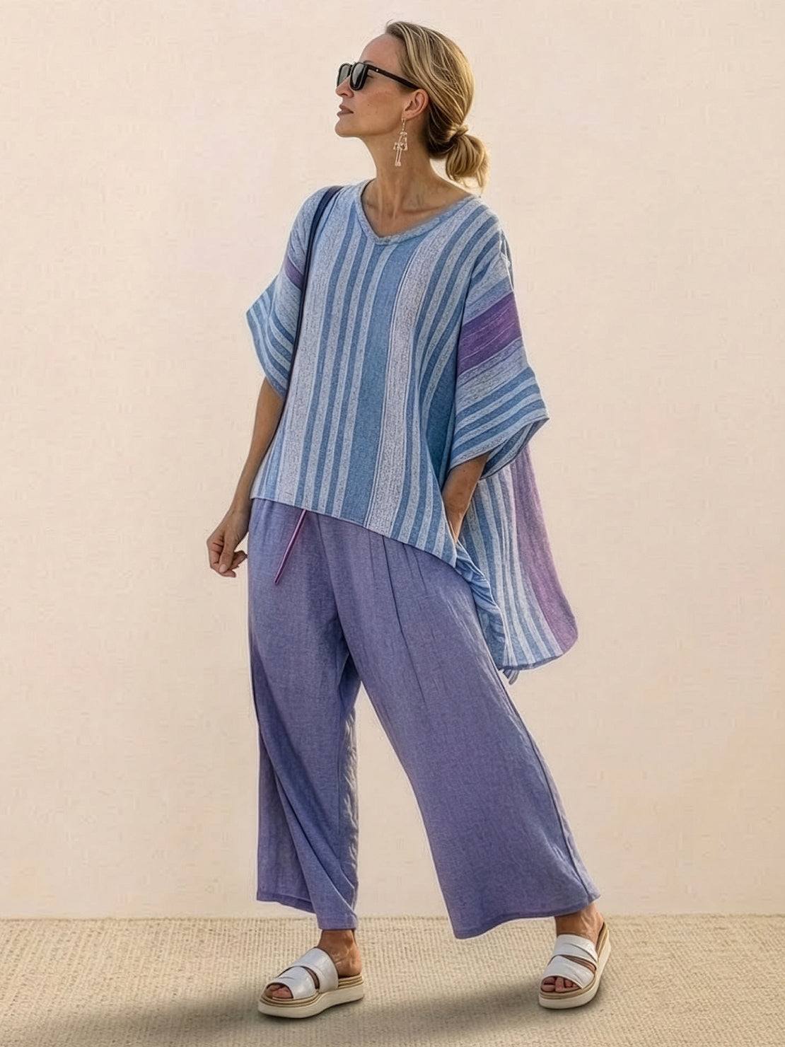 Women's Casual Striped Wide-Leg Pants and Oversized Tee Two-Piece Set — styling detail
