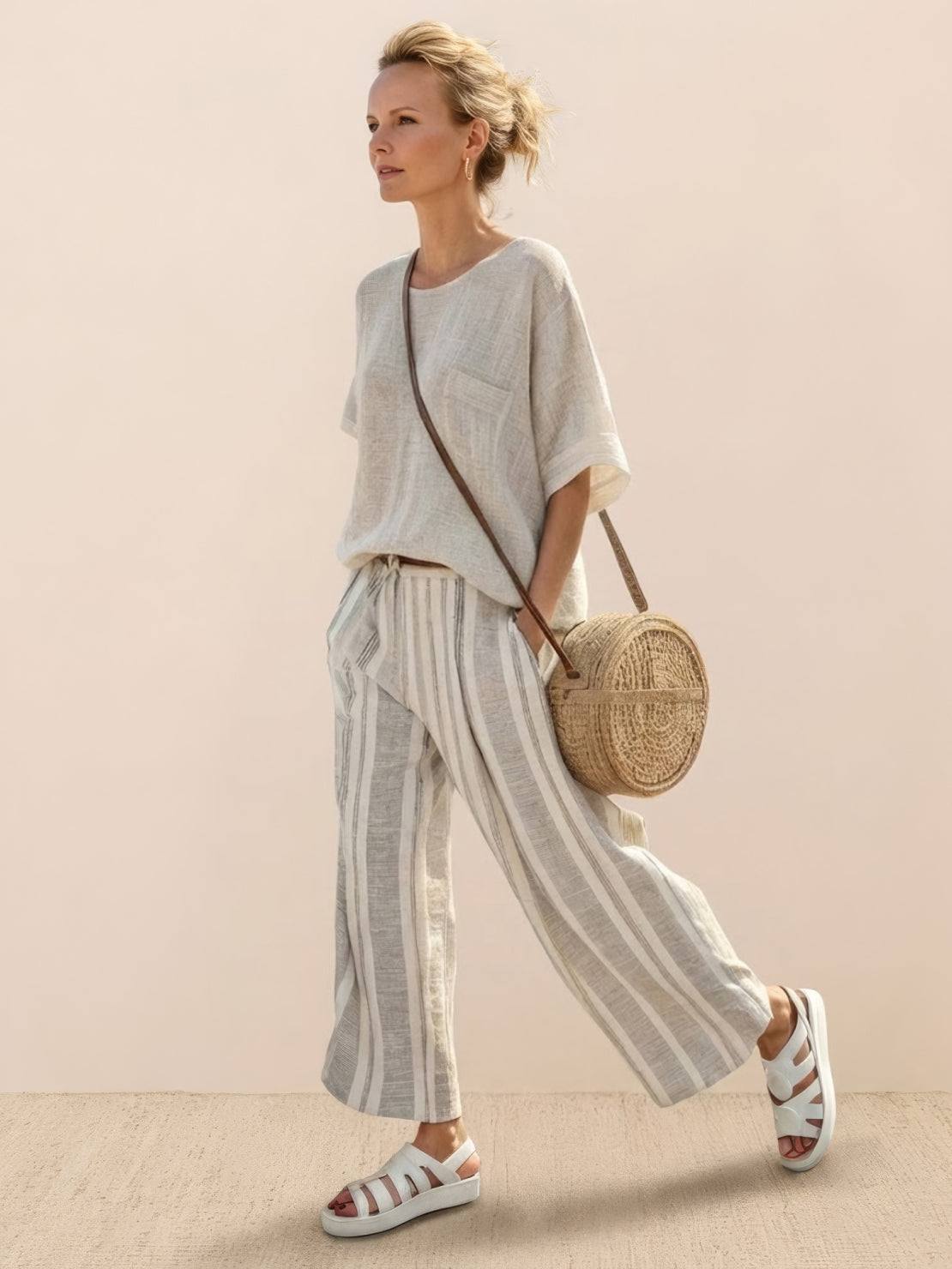 Women's Casual Striped Wide-Leg Pants and Oversized Tee Two-Piece Set