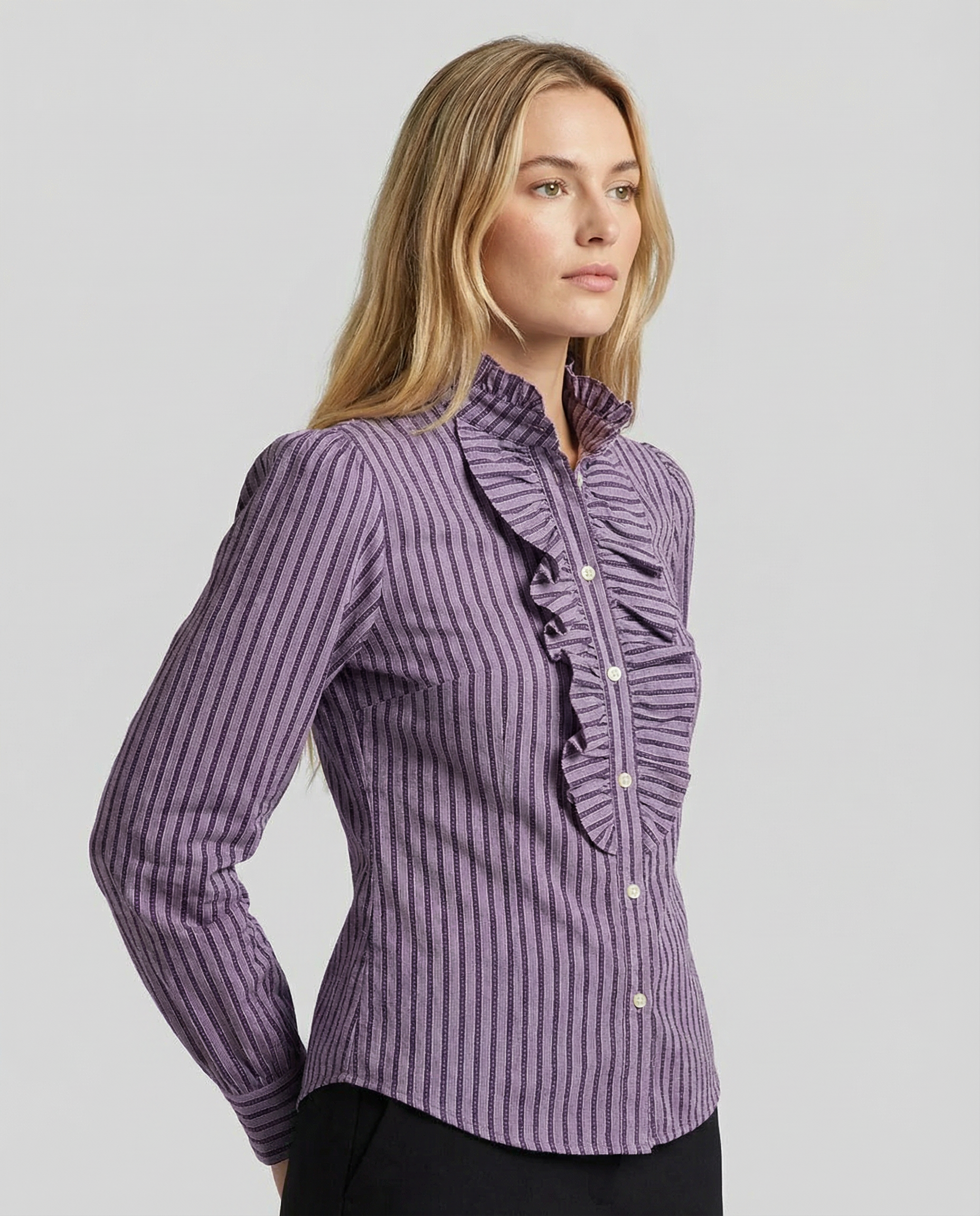 Women's Checked Blouse – Elegant Ruffle High-Neck Design for Chic Office Looks