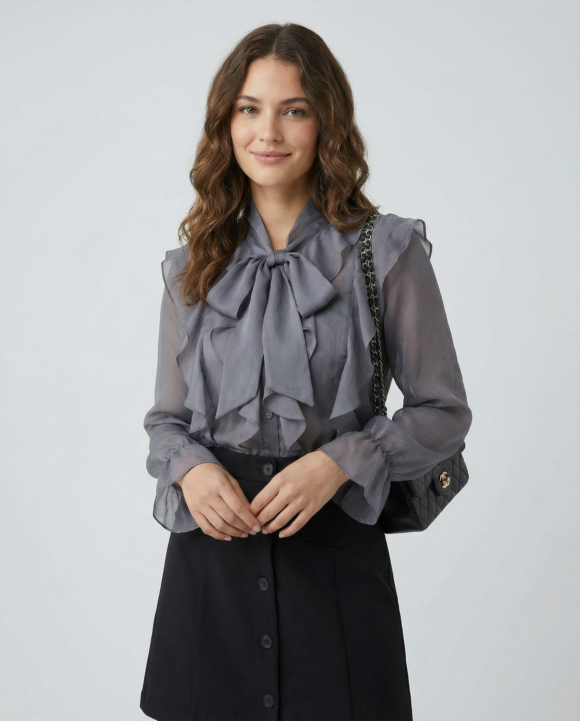 Women's Chiffon Blouse – Elegant Ruffle Design for Versatile Styling — model wearing