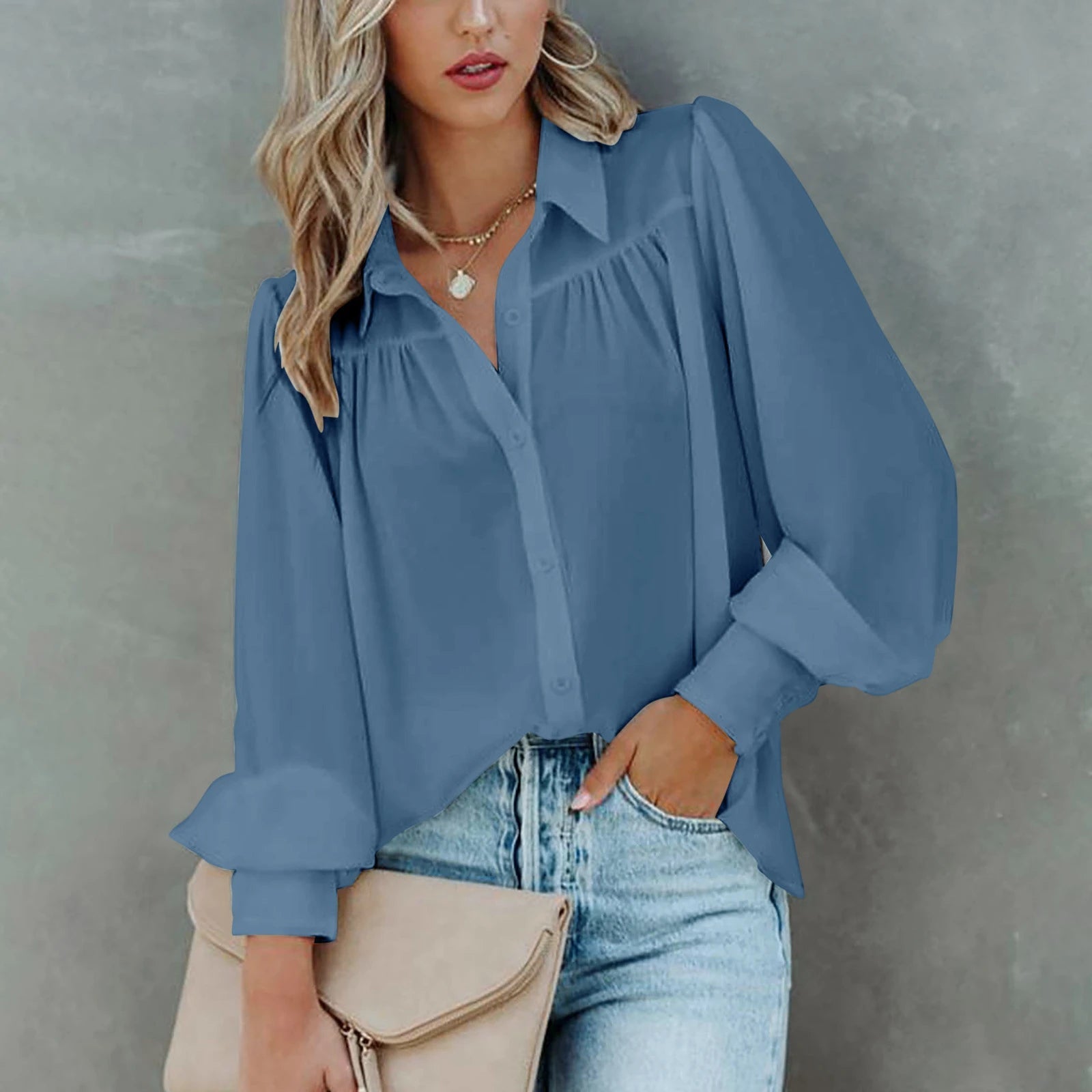 Women's Elegant Blouse – Puff Sleeve Design for Versatile Day-to-Night Styling — back view