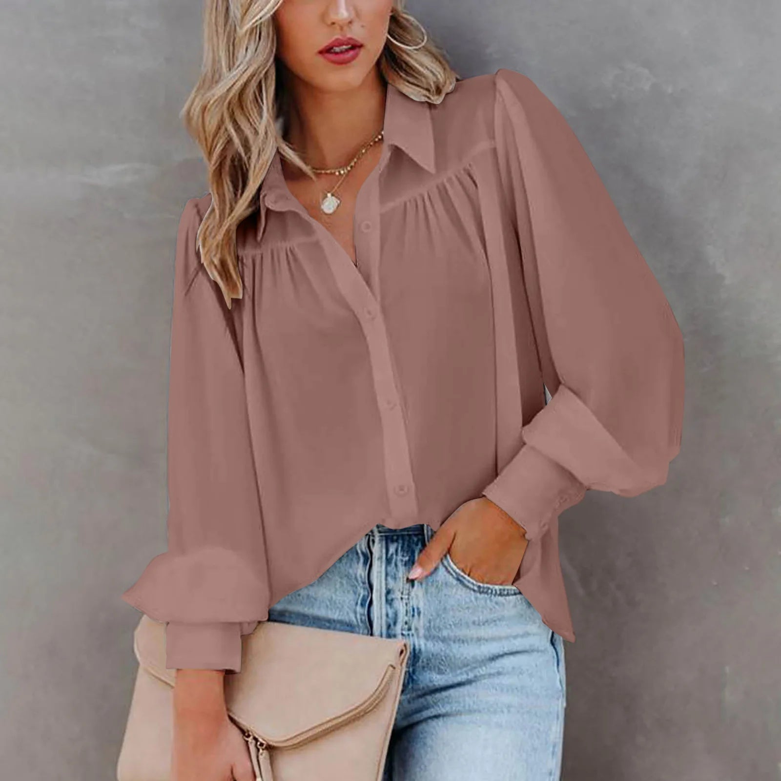 Women's Elegant Blouse – Puff Sleeve Design for Versatile Day-to-Night Styling — model wearing