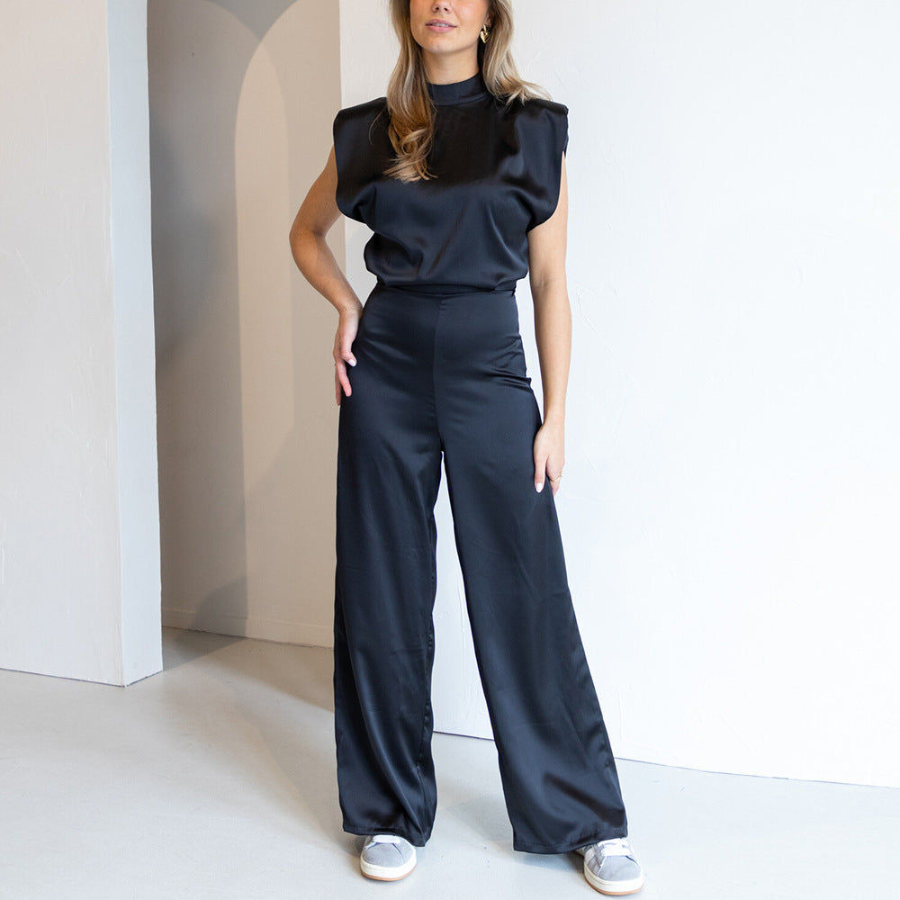 Women's Elegant Sleeveless High Neck Wide Leg One Piece Jumpsuit — back view