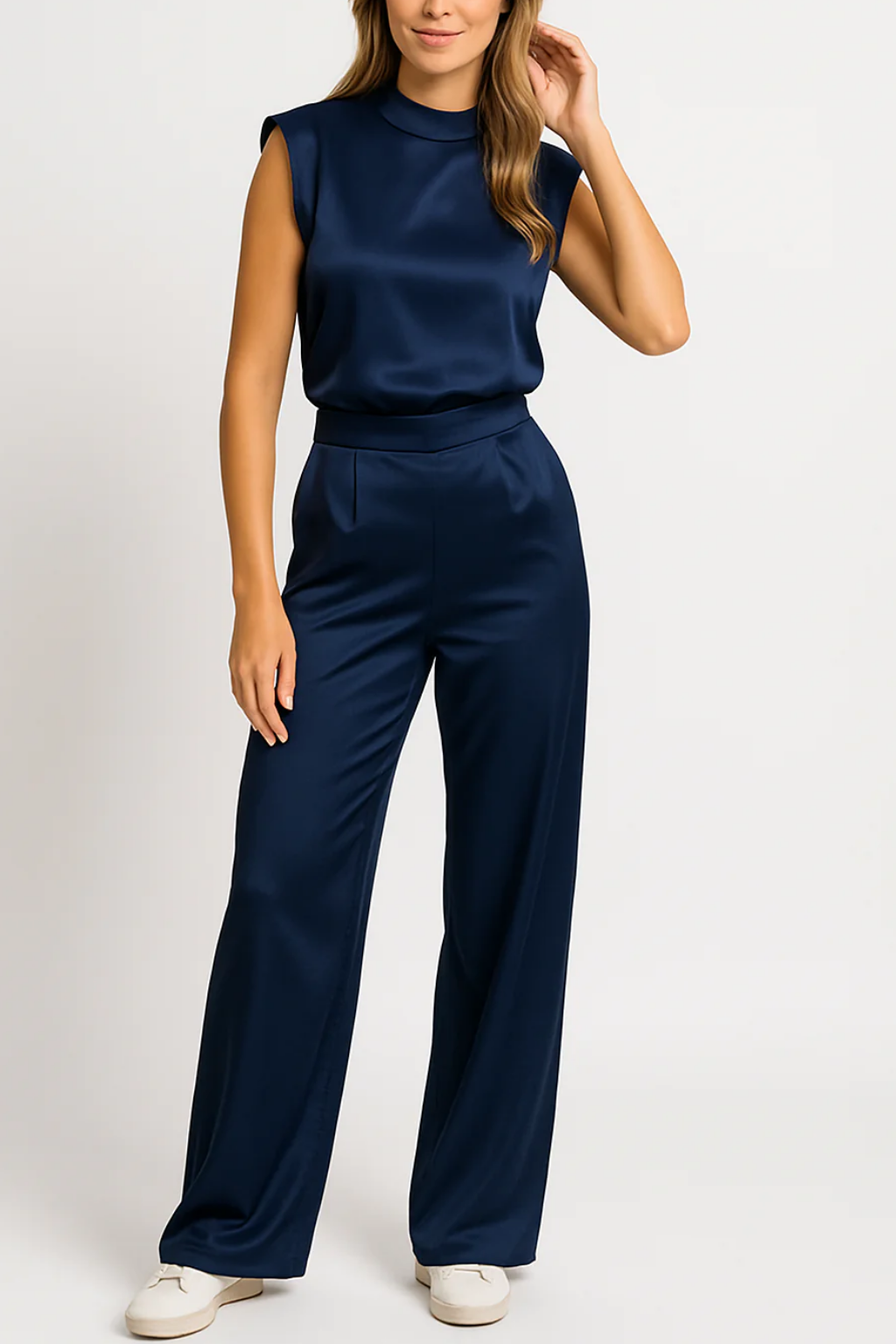 Women's Elegant Sleeveless High Neck Wide Leg One Piece Jumpsuit — side view