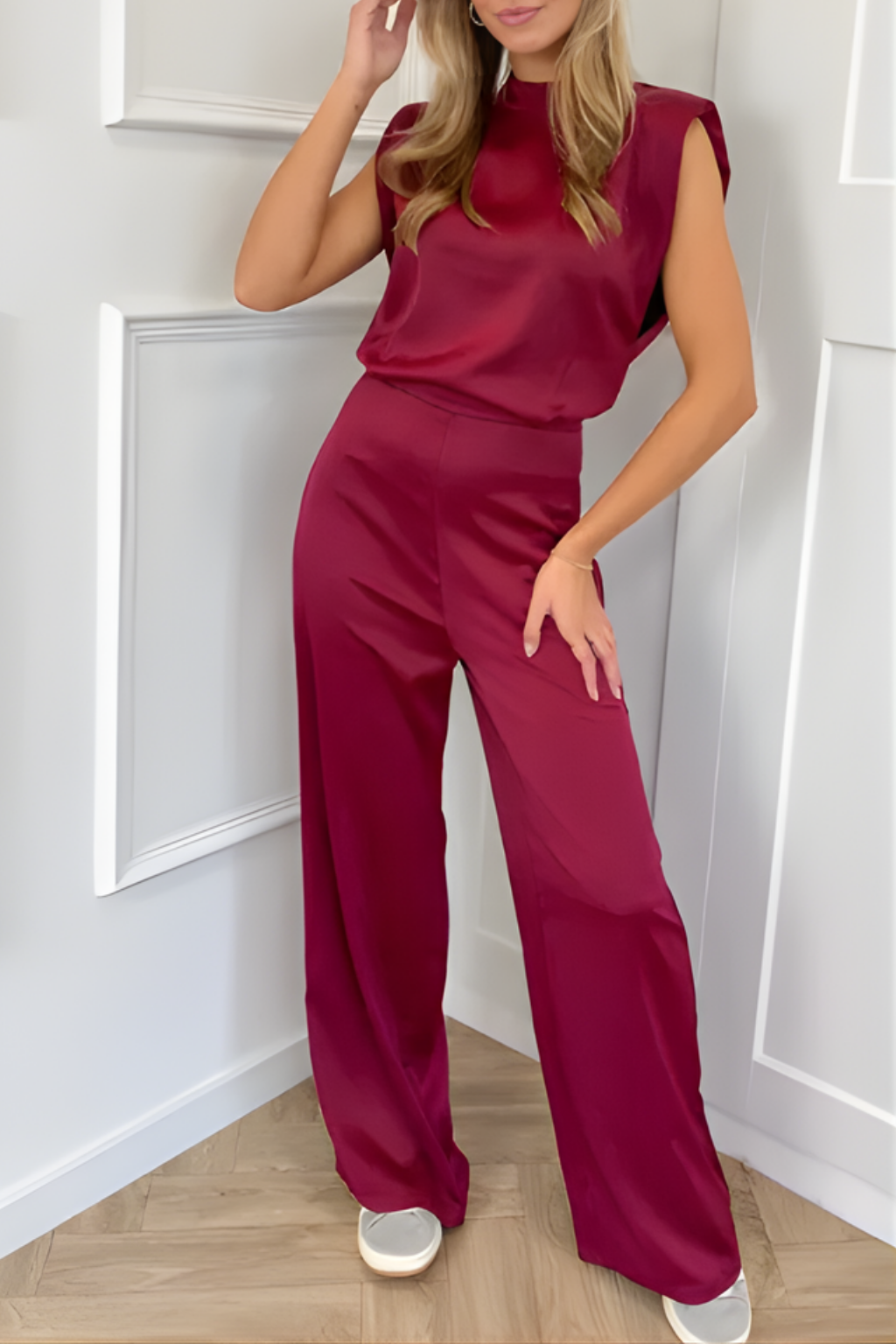 Women's Elegant Sleeveless High Neck Wide Leg One Piece Jumpsuit