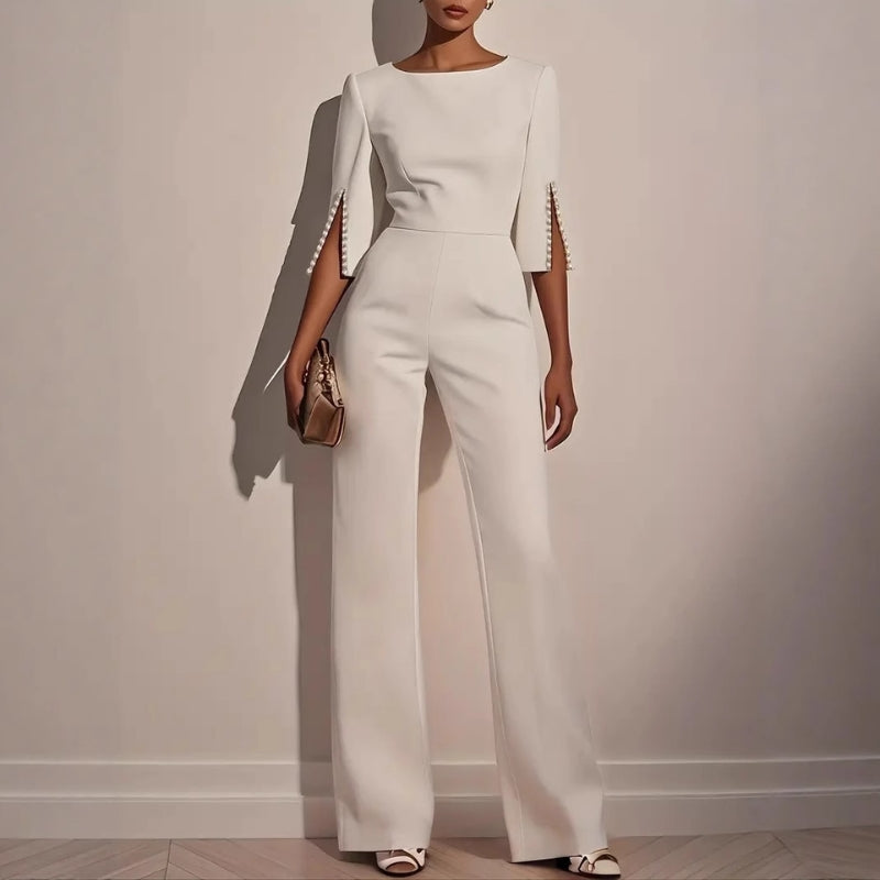 Women's Elegant Wide Leg Jumpsuit with Pearl Trim Boat Neck — back view