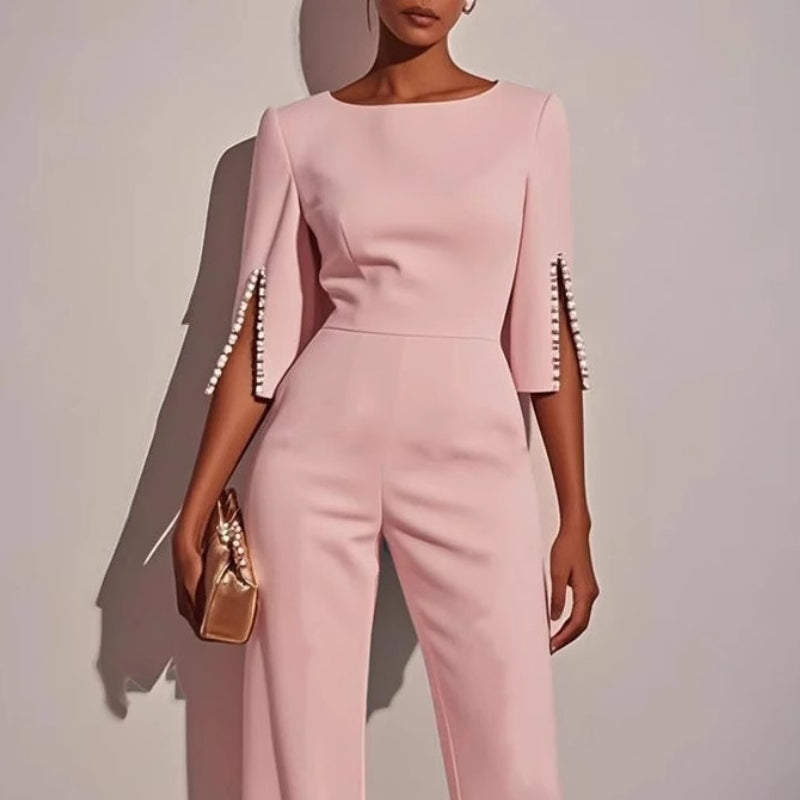 Women's Elegant Wide Leg Jumpsuit with Pearl Trim Boat Neck — close-up