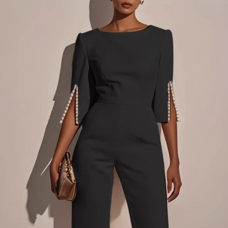 Women's Elegant Wide Leg Jumpsuit with Pearl Trim Boat Neck — detail view
