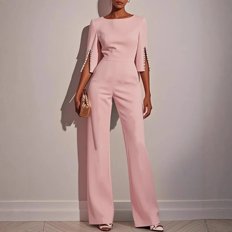 Women's Elegant Wide Leg Jumpsuit with Pearl Trim Boat Neck — model wearing