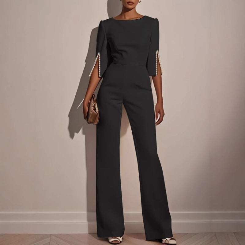 Women's Elegant Wide Leg Jumpsuit with Pearl Trim Boat Neck — side view