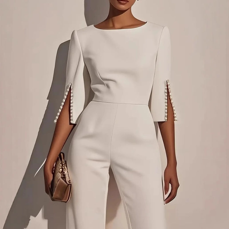 Women's Elegant Wide Leg Jumpsuit with Pearl Trim Boat Neck