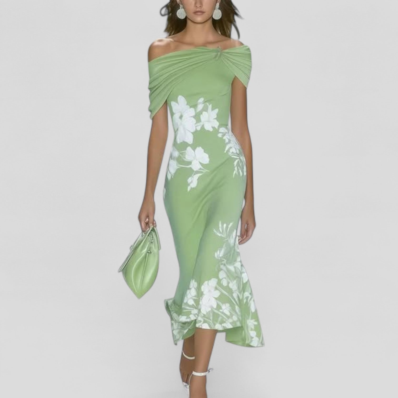 Women's Floral Off-Shoulder Bodycon Midi Dress with Trumpet Hem